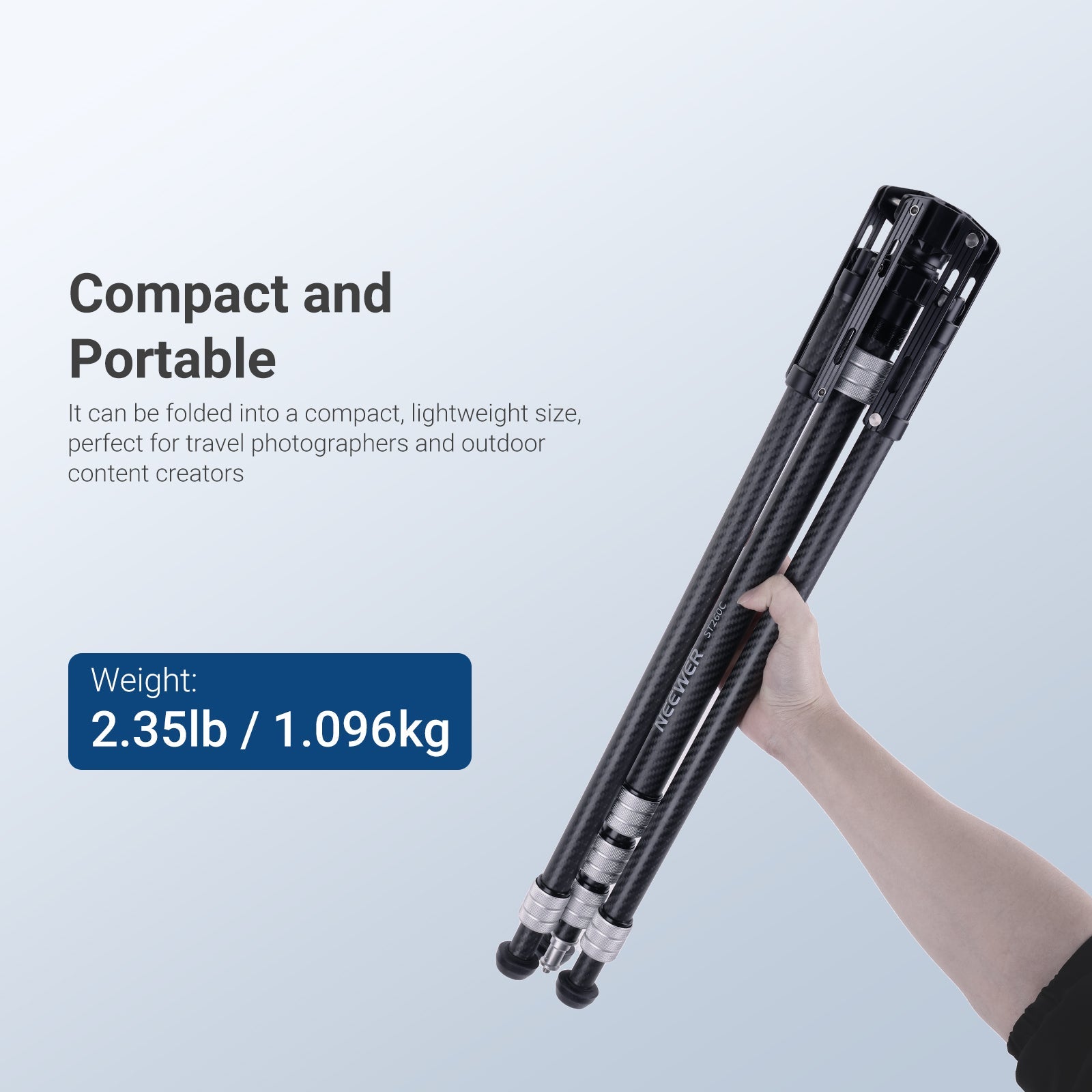 NEEWER ST260C Carbon Fiber Light Stand can be folded into a compact, lightweight size.