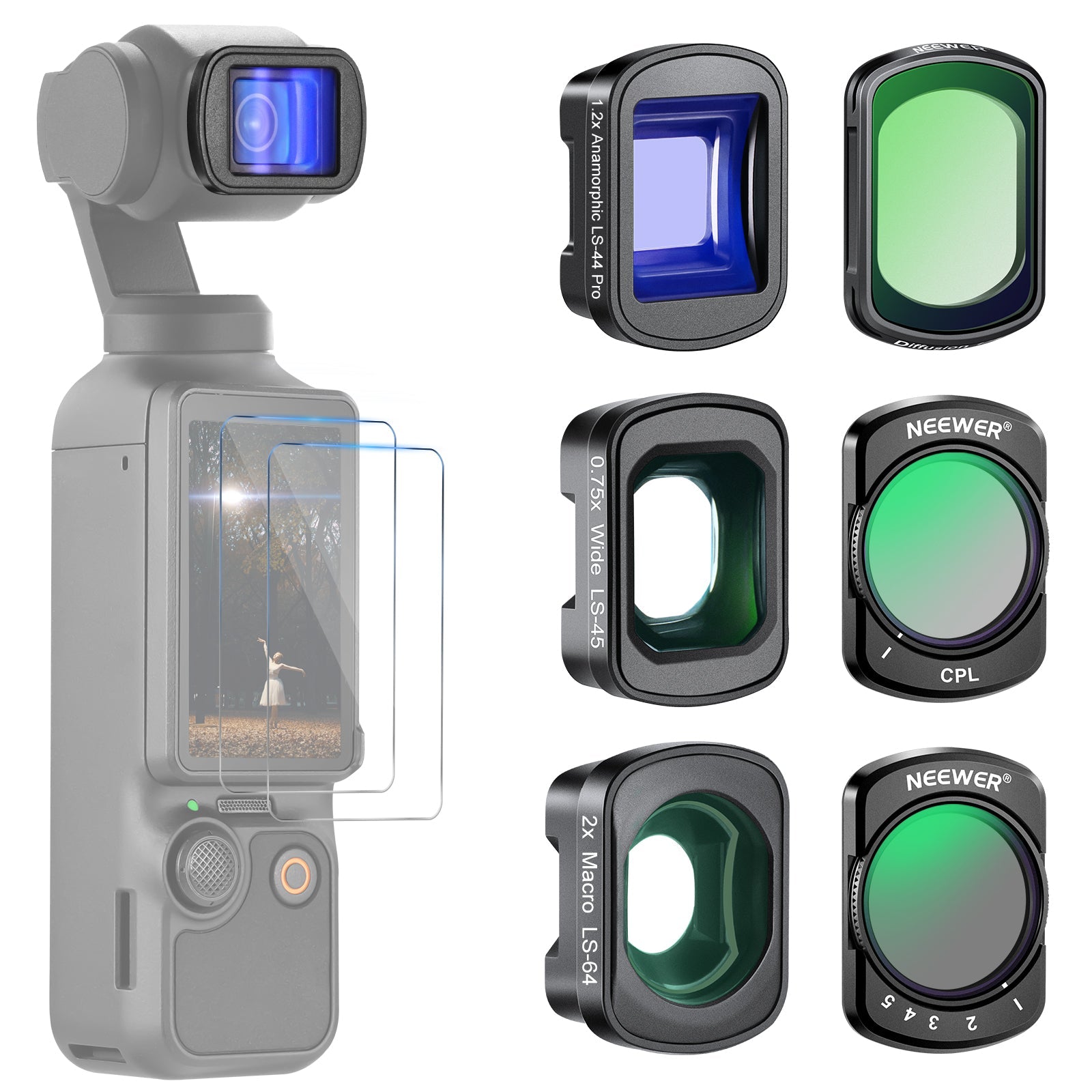NEEWER 6 Pack Filter and Lens Set for DJI Osmo Pocket 3 - ND/CPL/Black Diffusion Filter with Lens