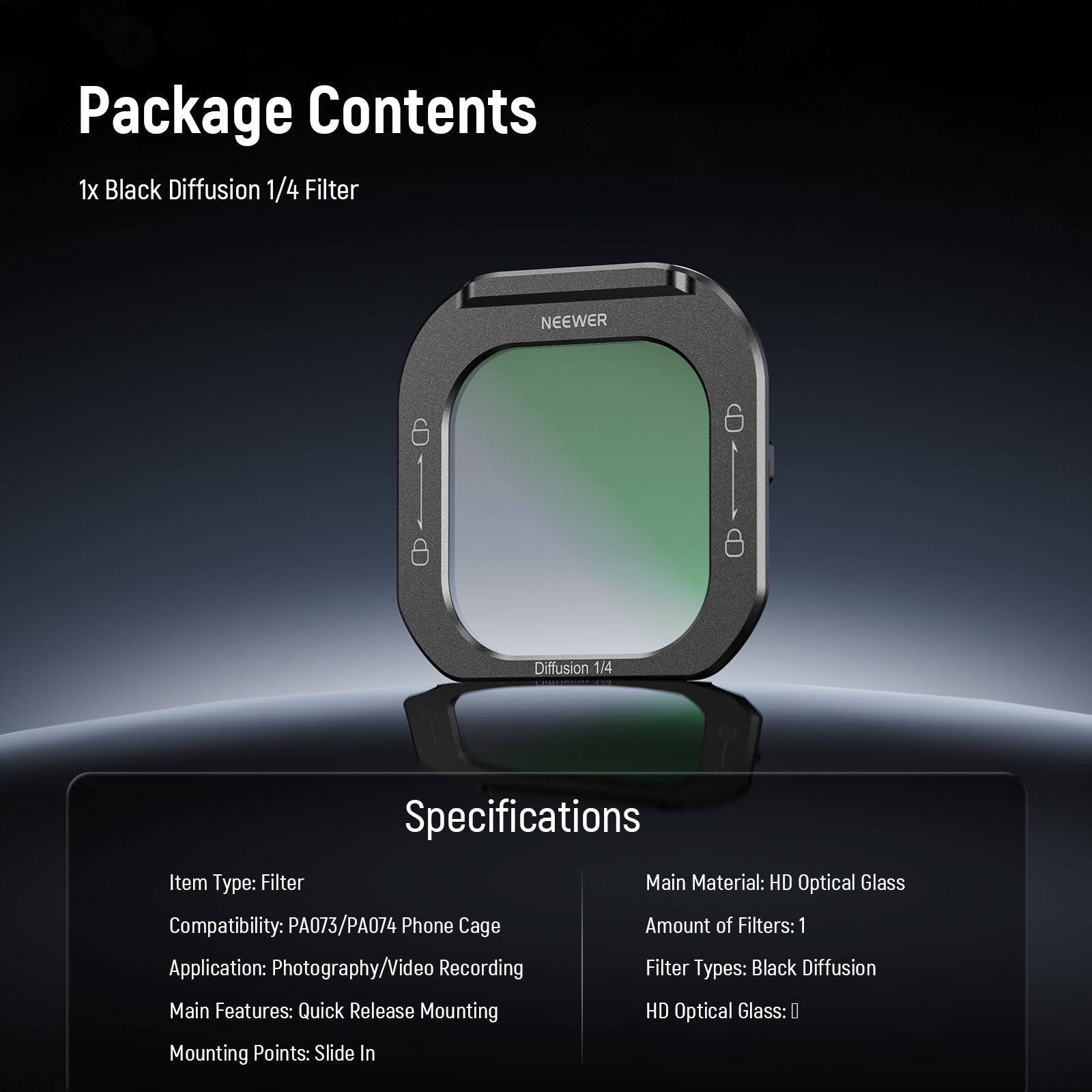 Package Contents of the NEEWER FL-I5 1/4 Black Diffusion Phone Lens Filter For iPhone 16 Pro/Max Cage