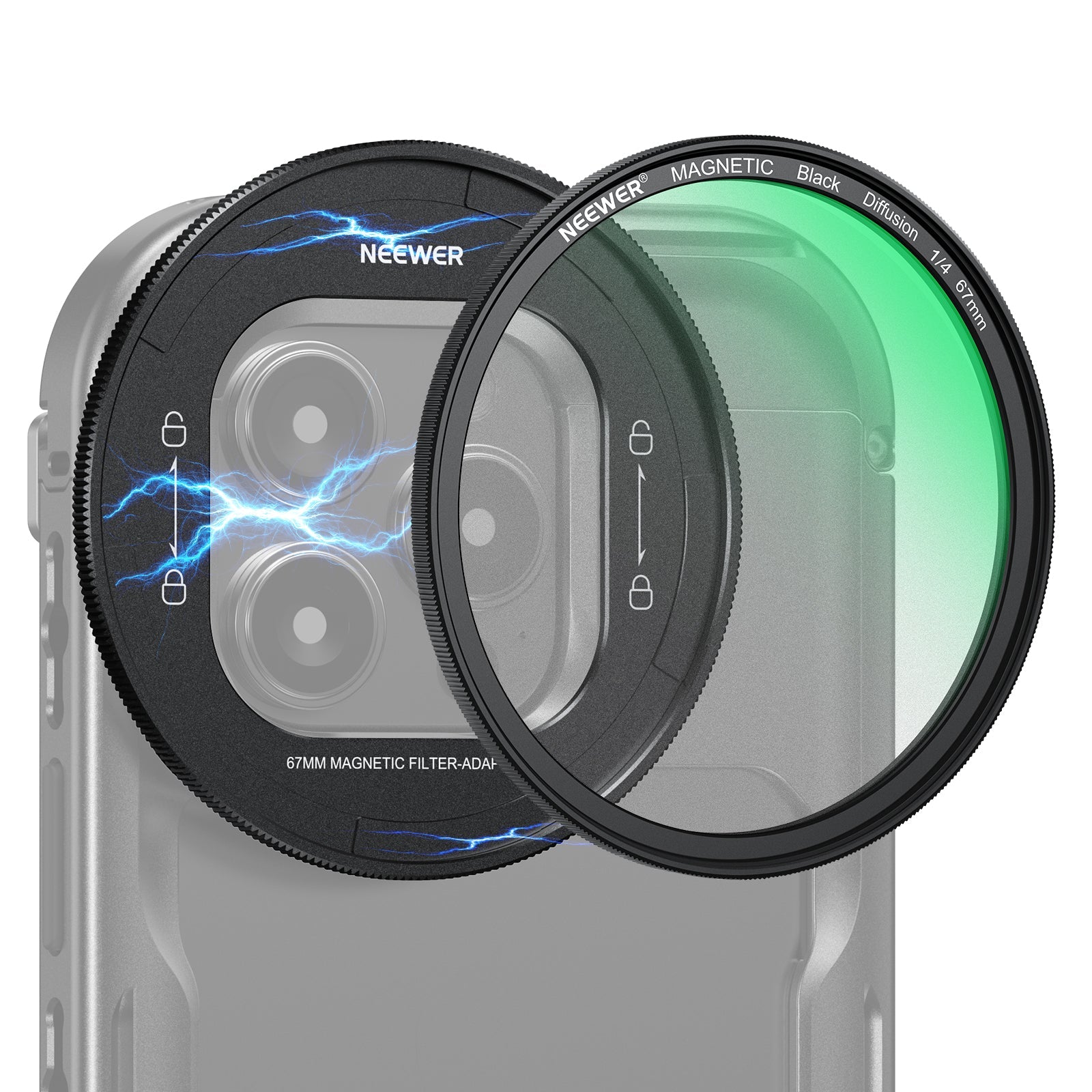 NEEWER 67mm Black Diffusion 1/4 Filter Set For iPhone 16 Pro/16 Pro Max Cage