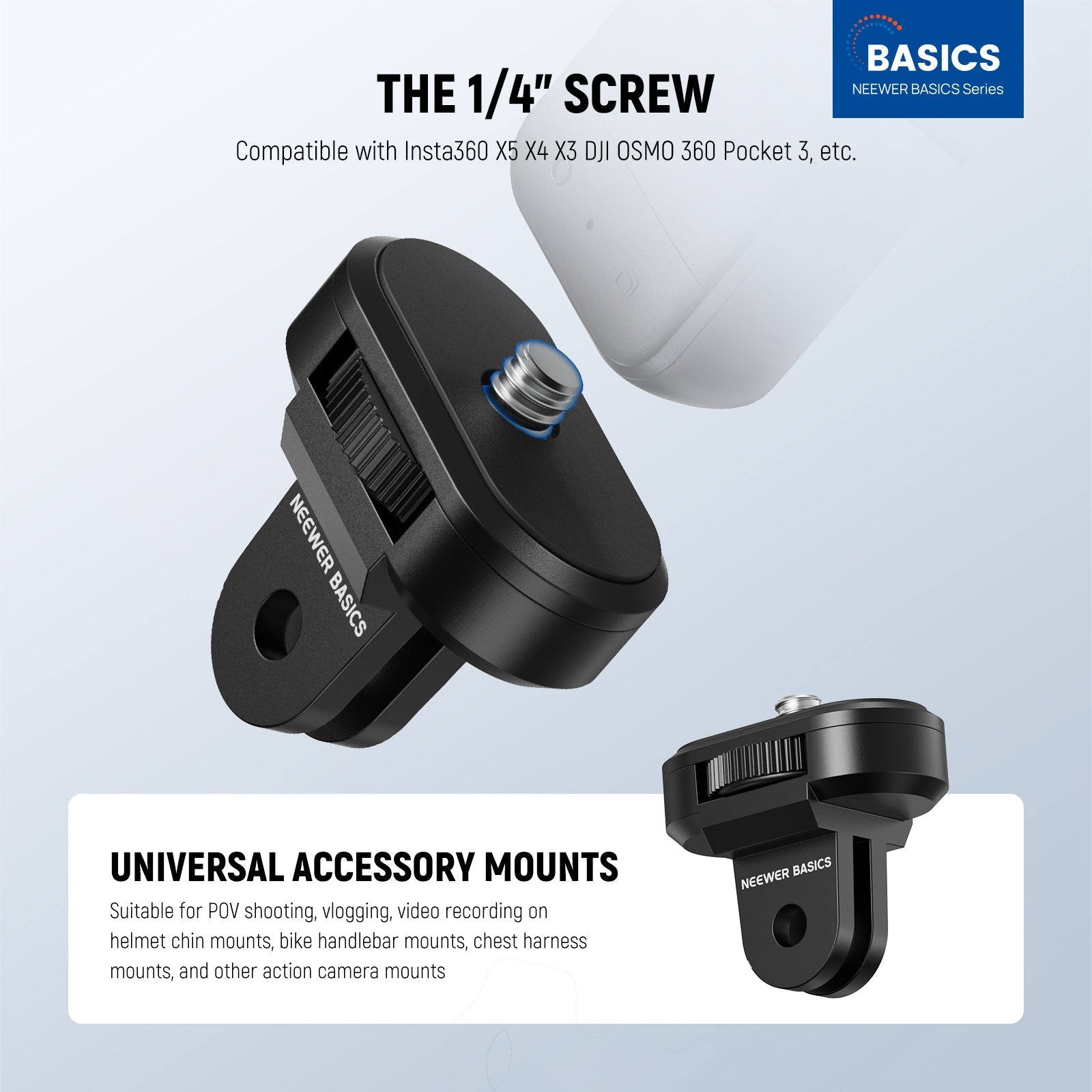 The 1/4" screw is compatible with Insta360 X5, X4, X3, etc.