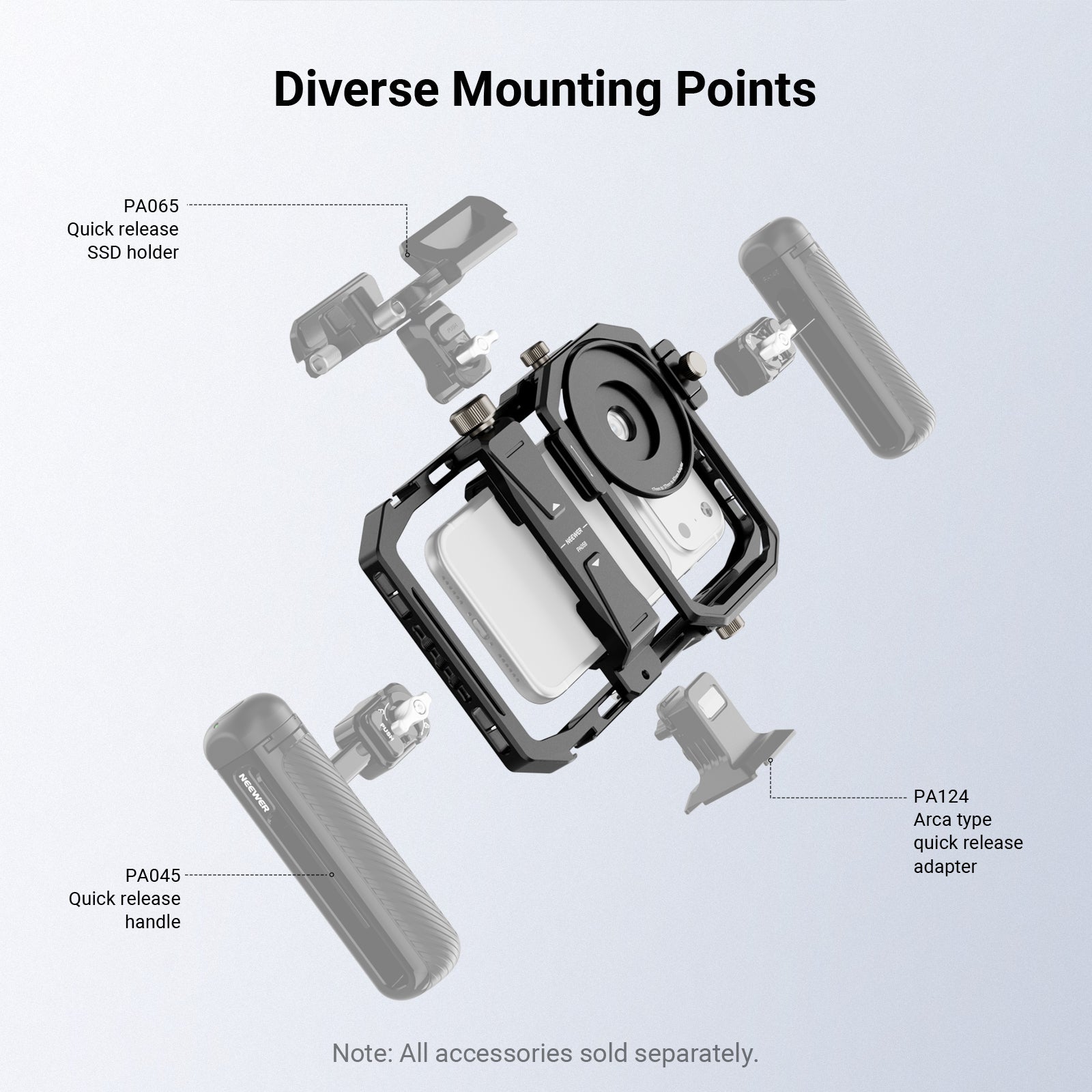 NEEWER PA058 Universal Phone Cage features diverse mounting points for QR handle, SSD holder, and Arca-type QR adapter.