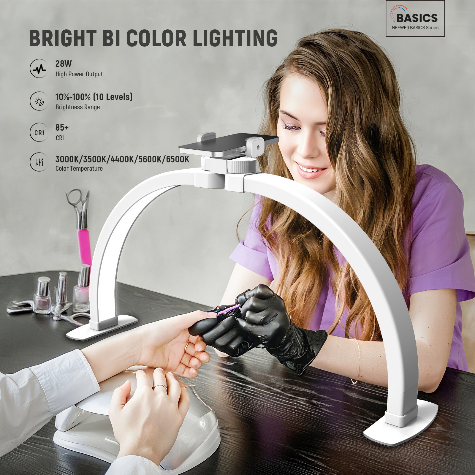 NEEWER HM04-D Desktop LED Manicure Arc Lamp offers 10 brightness levels from 10% to 100%.