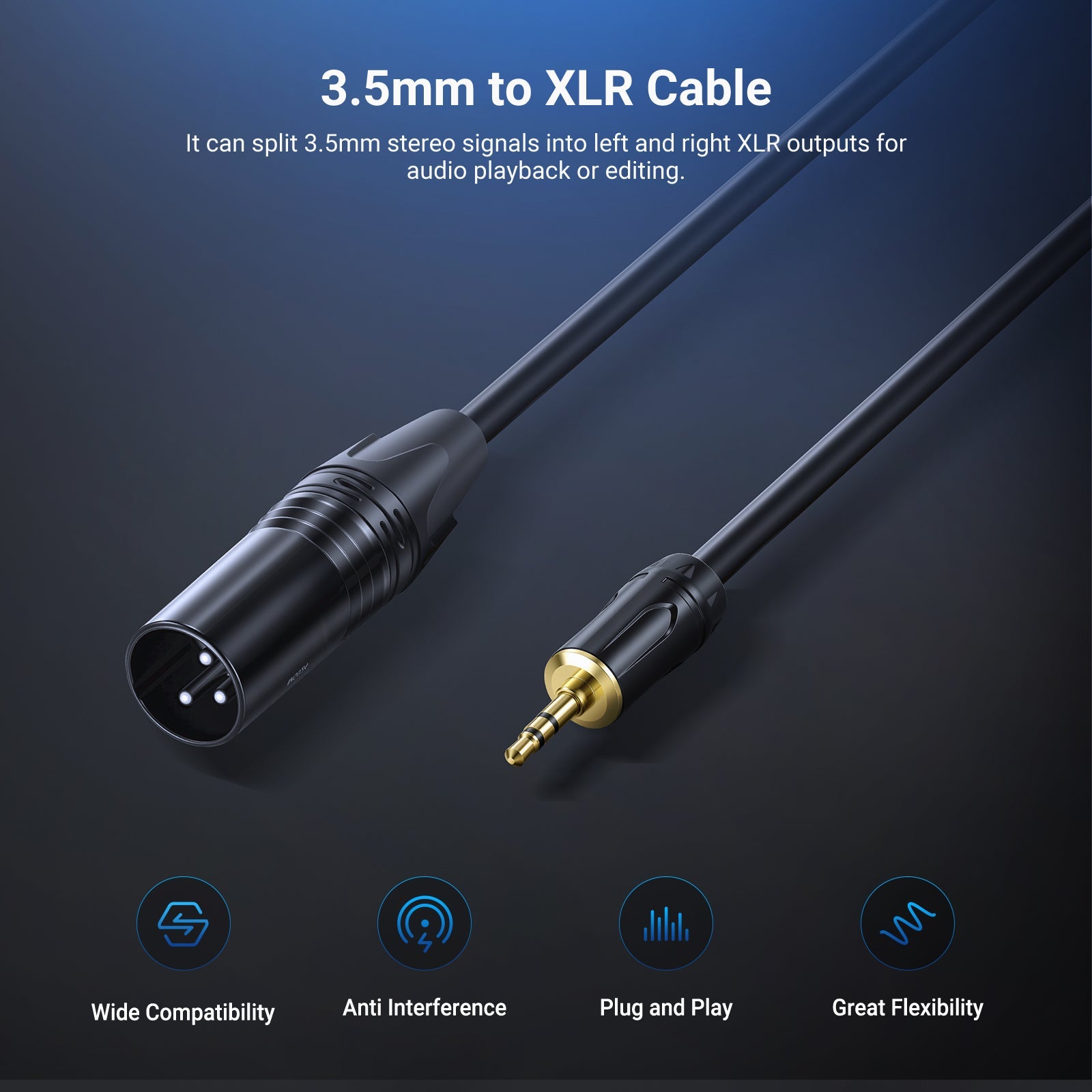 NEEWER MS023 3.5mm to XLR Male Cable can split 3.5mm stereo signals into left and right XLR outputs for audio playback or editing.