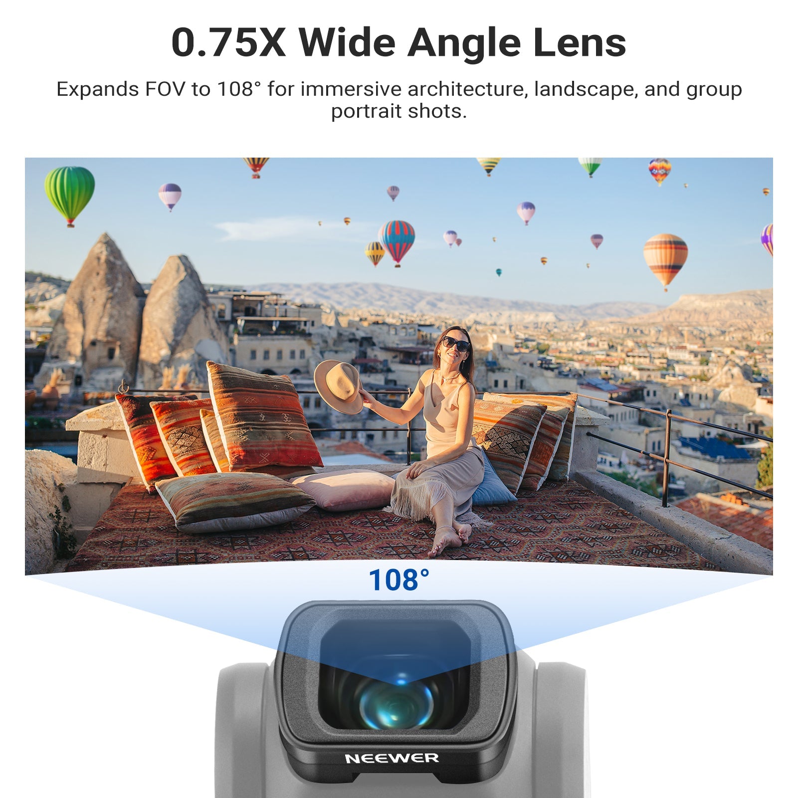 0.75x wide angle lens delivers a 108° wide-angle field of view, capturing expansive scenes without distortion.