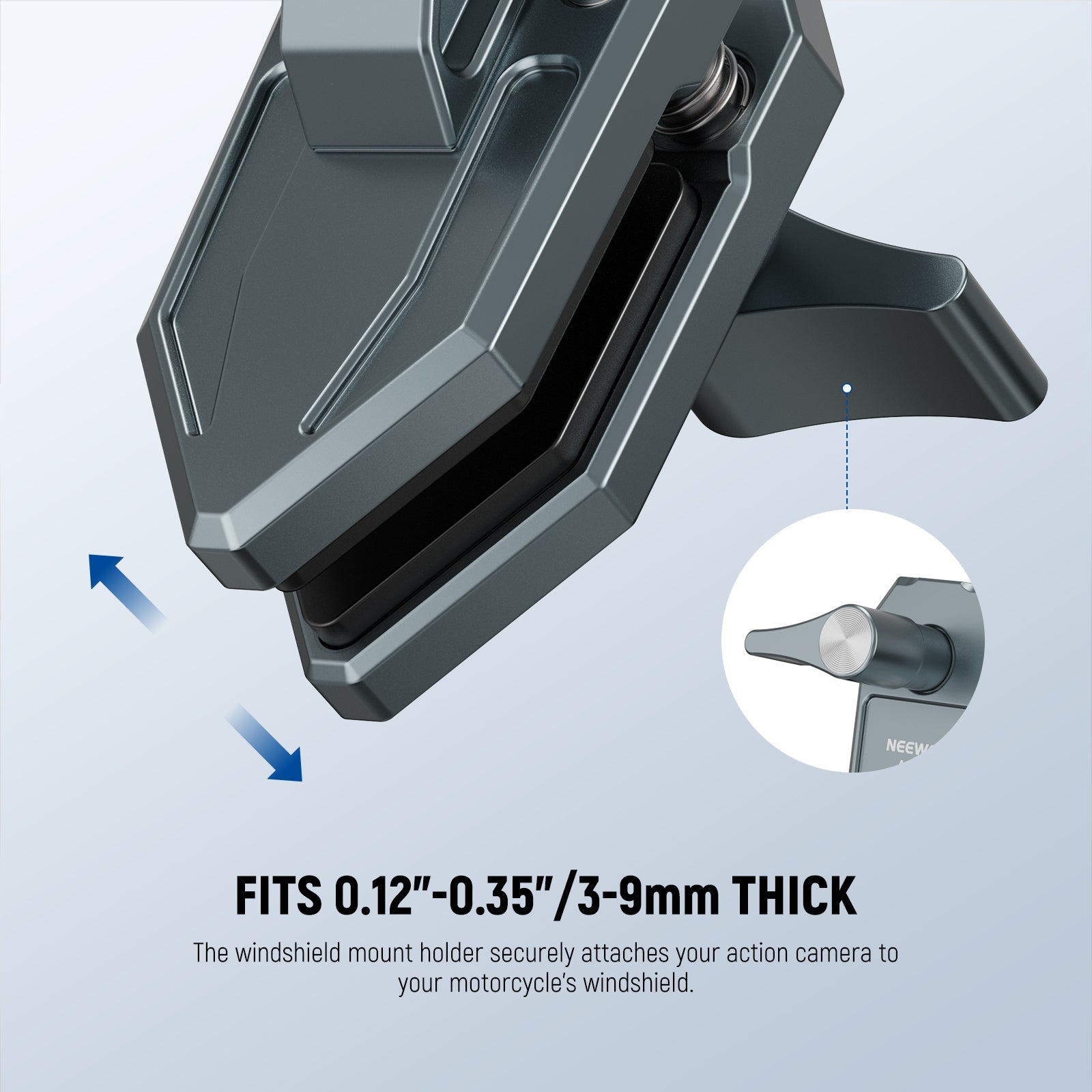 The windshield mount holder fits a thickness of 0.12" to 0.35".