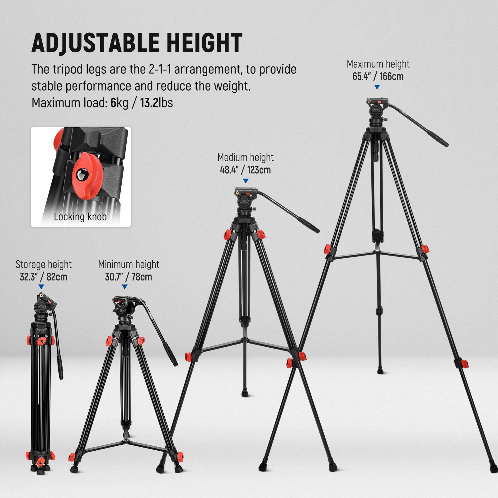 NEEWER TP73 Lightweight Video Tripod can be easily adjust in height from 82cm to 166cm.