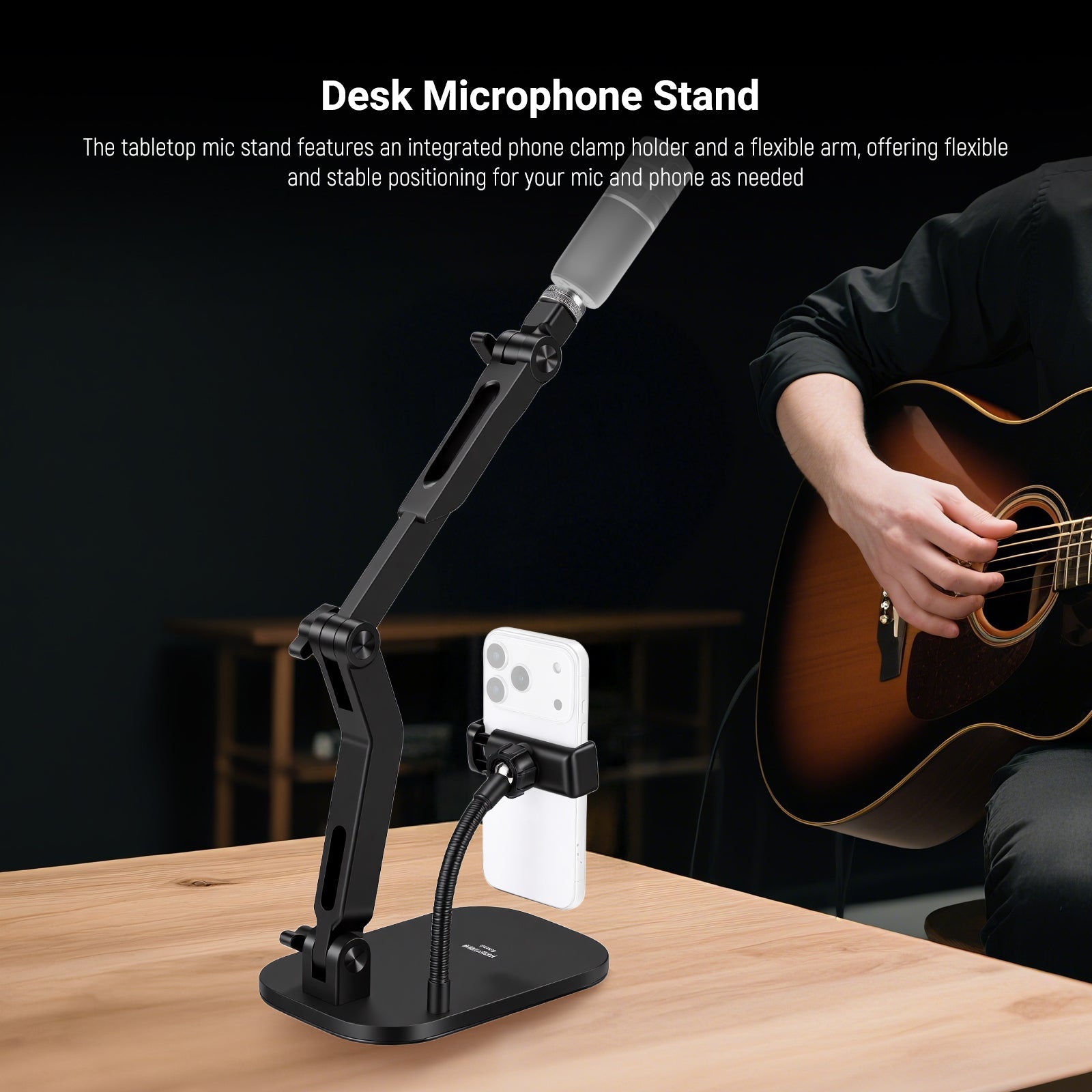 NEEWER MS022 Desktop Mic Stand features an integrated phone clamp holder and a flexible arm.