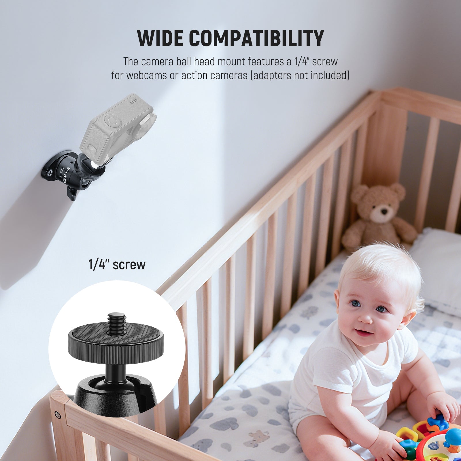 The camera ball head mount features a 1/4" screw for webcams or action cameras.