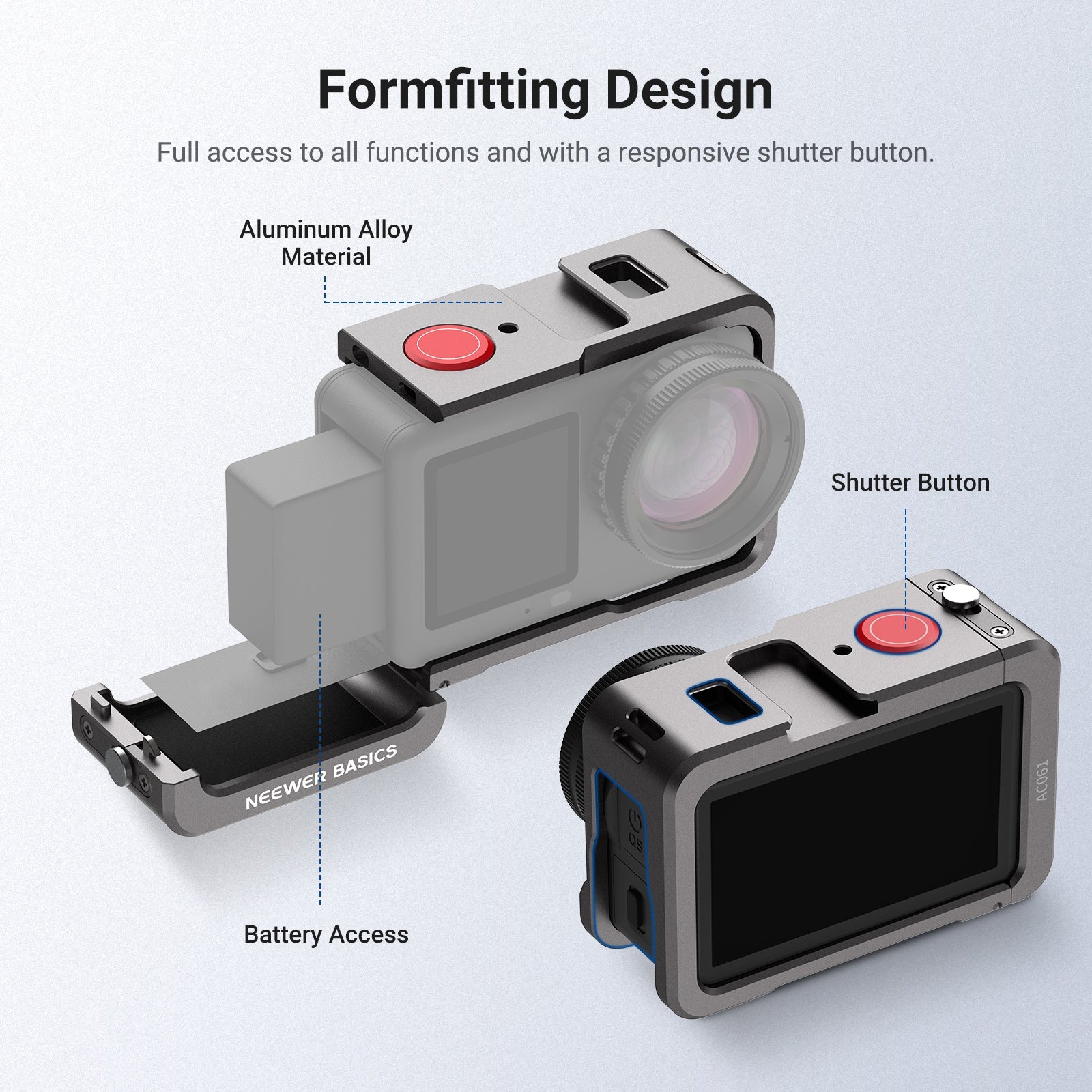 The CNC precisely machined protective cage ensures a snug fit and full access to power, record, charge, and filter changes without removing the cage.