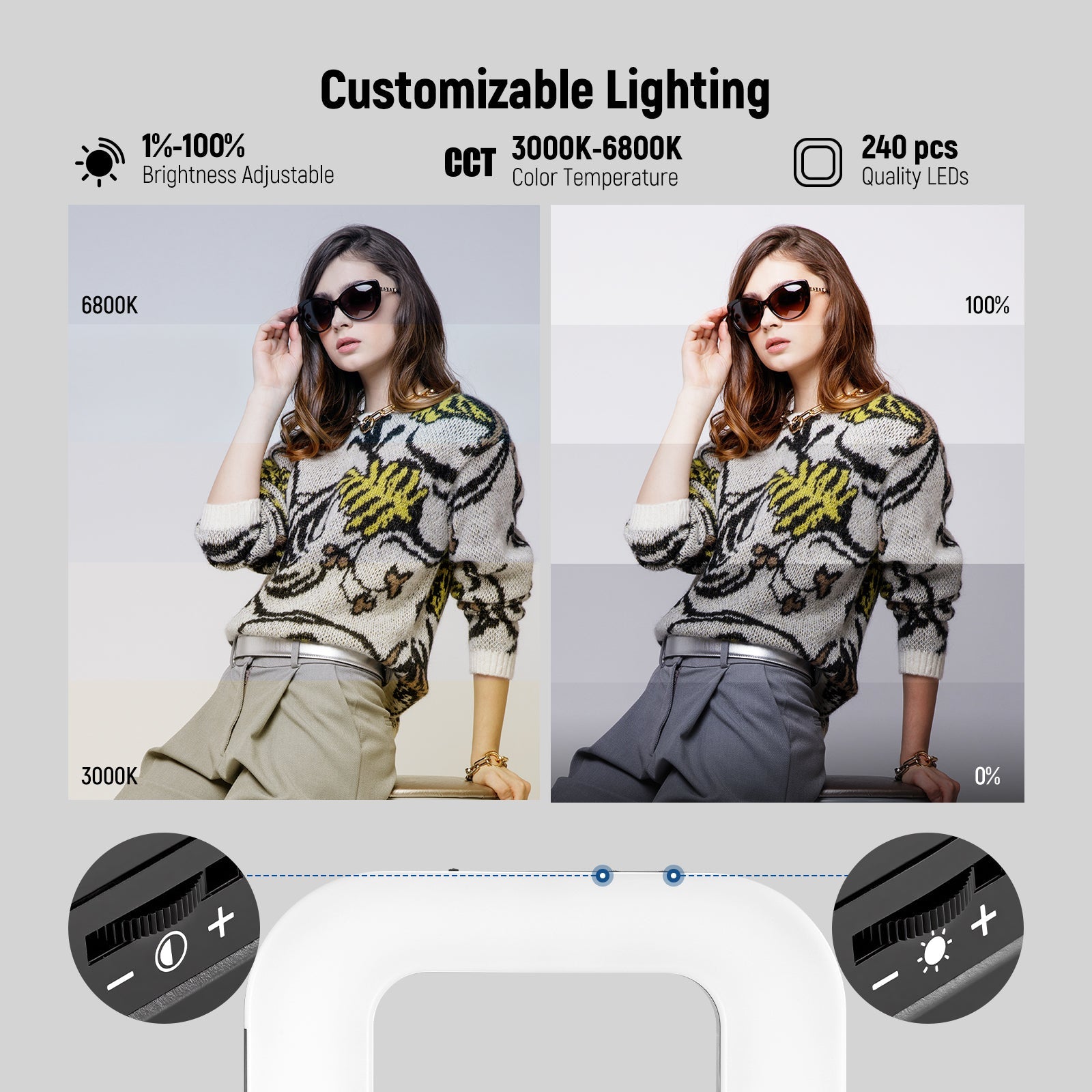 NEEWER dimmable phone selfie ring light features 240 LEDs, offering warm, cool, natural light and 1-100% brightness range.