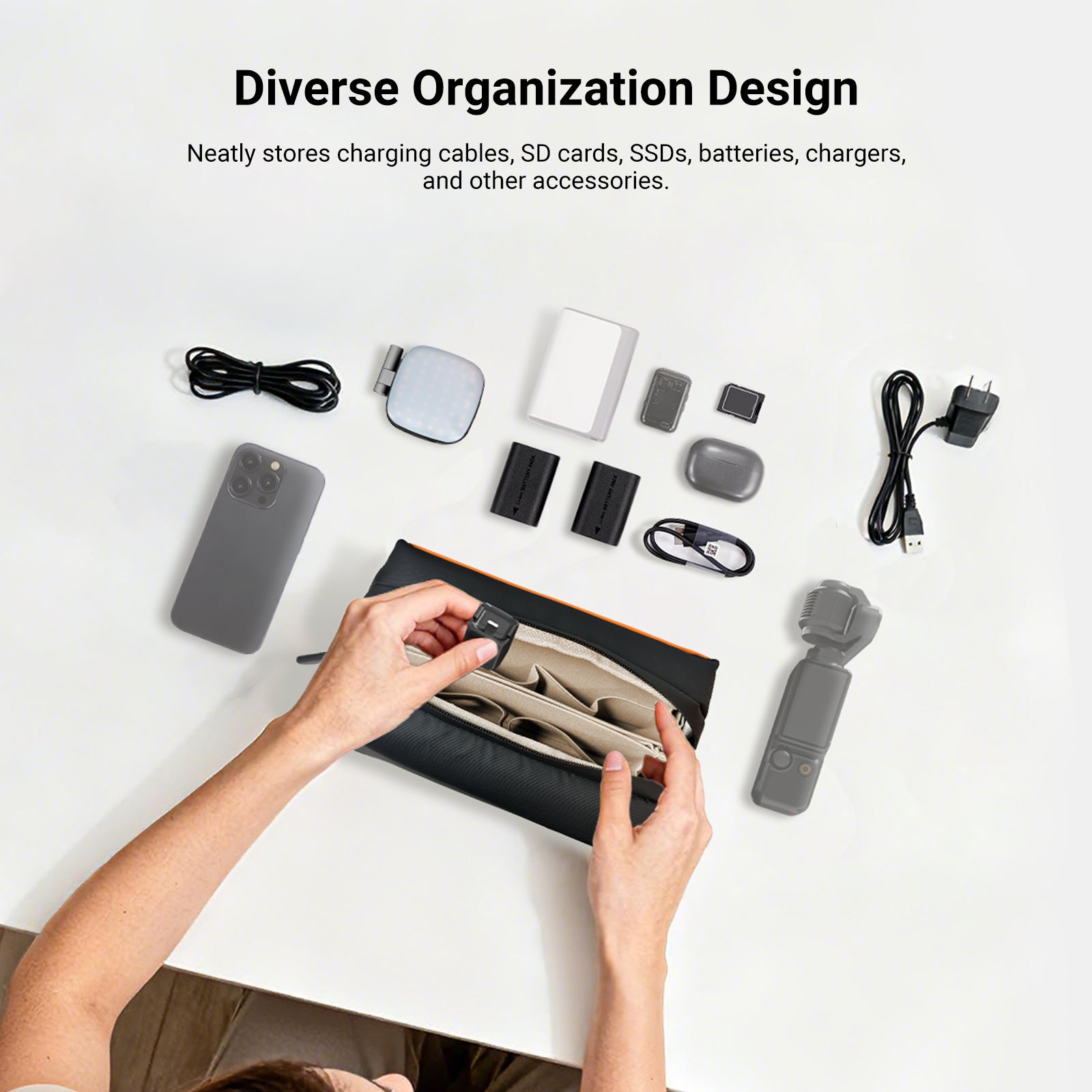 The travel organizer bag with multiple compartments can neatly store various electronics and photography accessories.