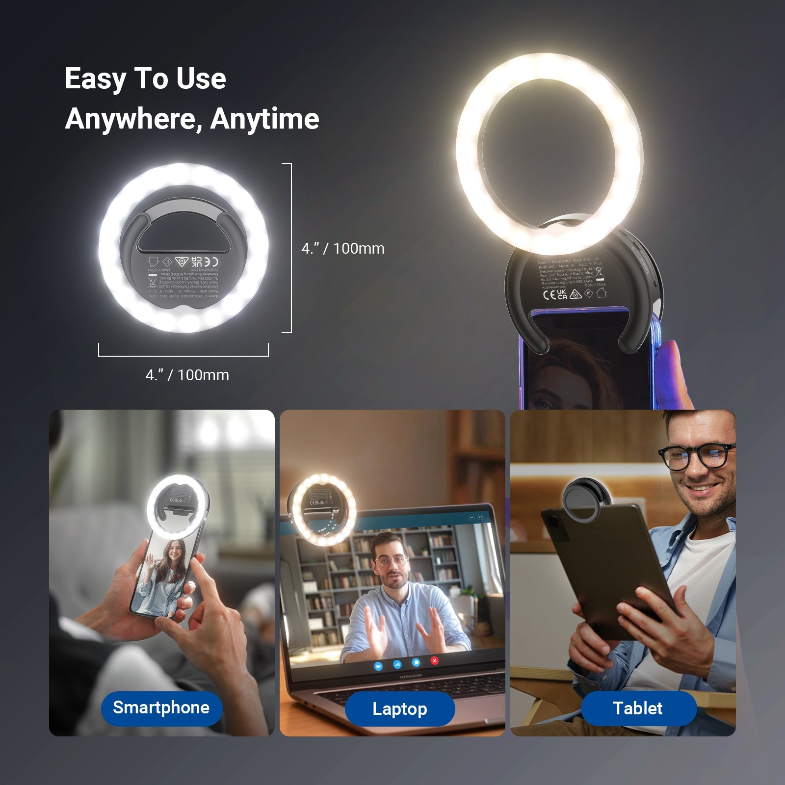 NEEWER BR40 Mini Phone Selfie Ring Light can be used when using the phone, laptop, or tablet.
