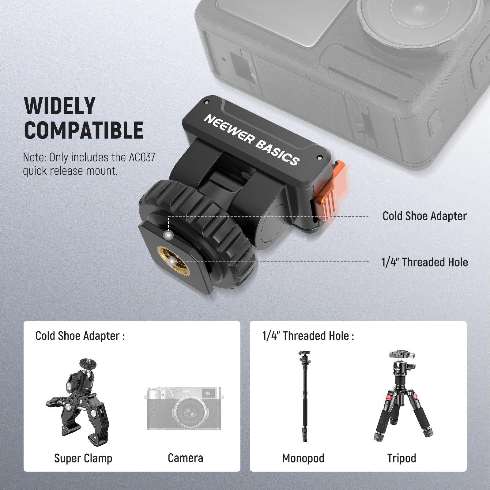 The action camera mount connects to mini tripods, selfie sticks, stabilizers, camera mounts & clamps, and more accessories
