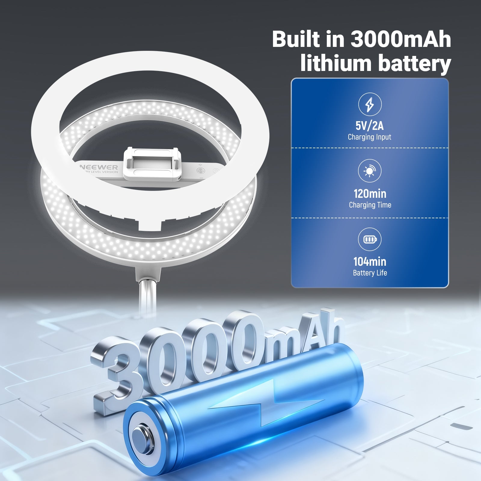 With a built in 3000mAh rechargeable battery, the selfie light offers up to 104 minutes of runtime at 100% brightness.