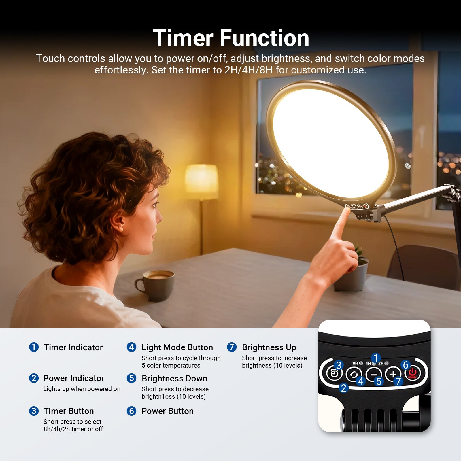 Touch controls allow you to power on/off, adjust brightness, and switch color modes effortlessly.