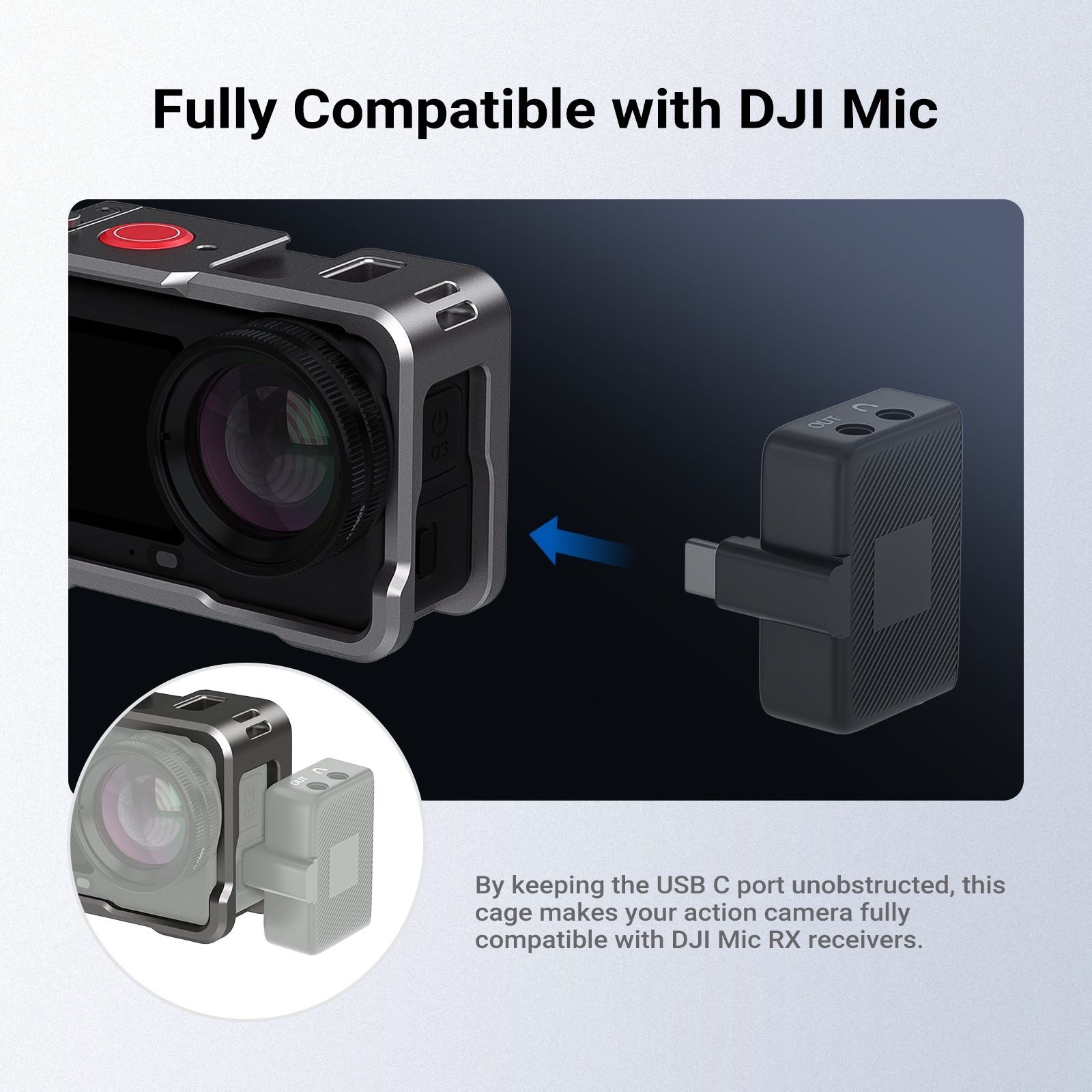 By keeping the USB C port unobstructed, this cage makes your action camera fully compatible with DJI Mic RX receivers.