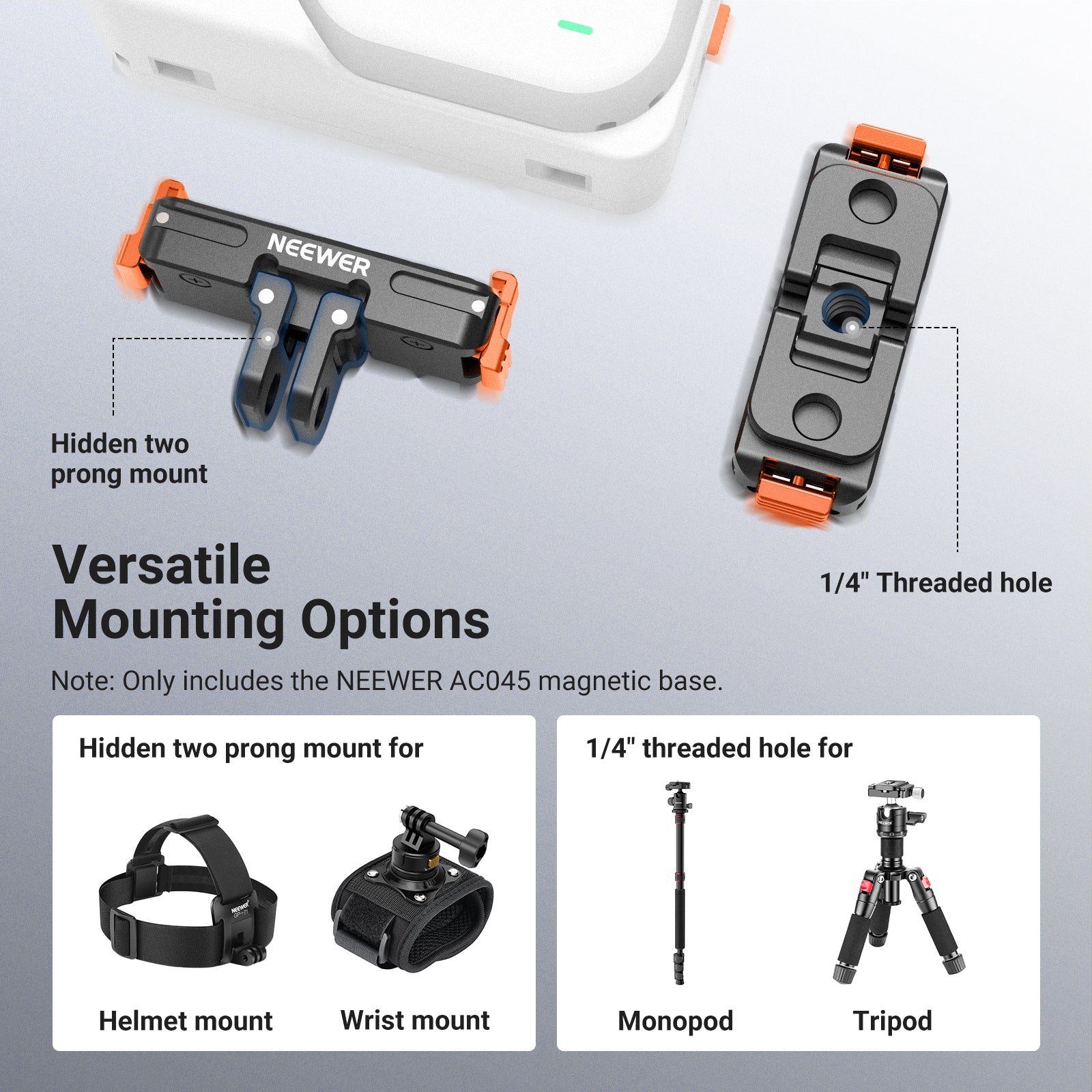 NEEWER AC045 Magnetic Mount Adapter features two prong adapters and a 1/4" thread hole.
