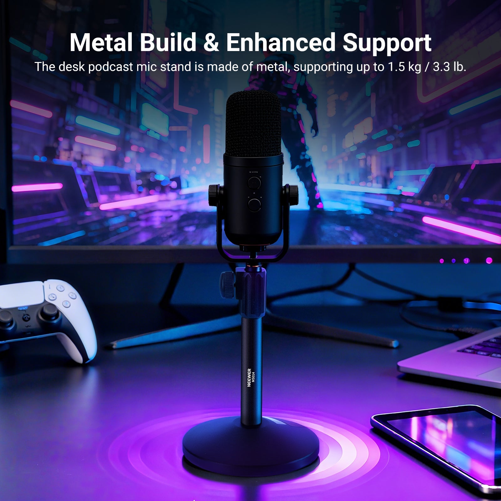 The desk podcast mic stand is made of metal, supporting up to 3.3 lbs.