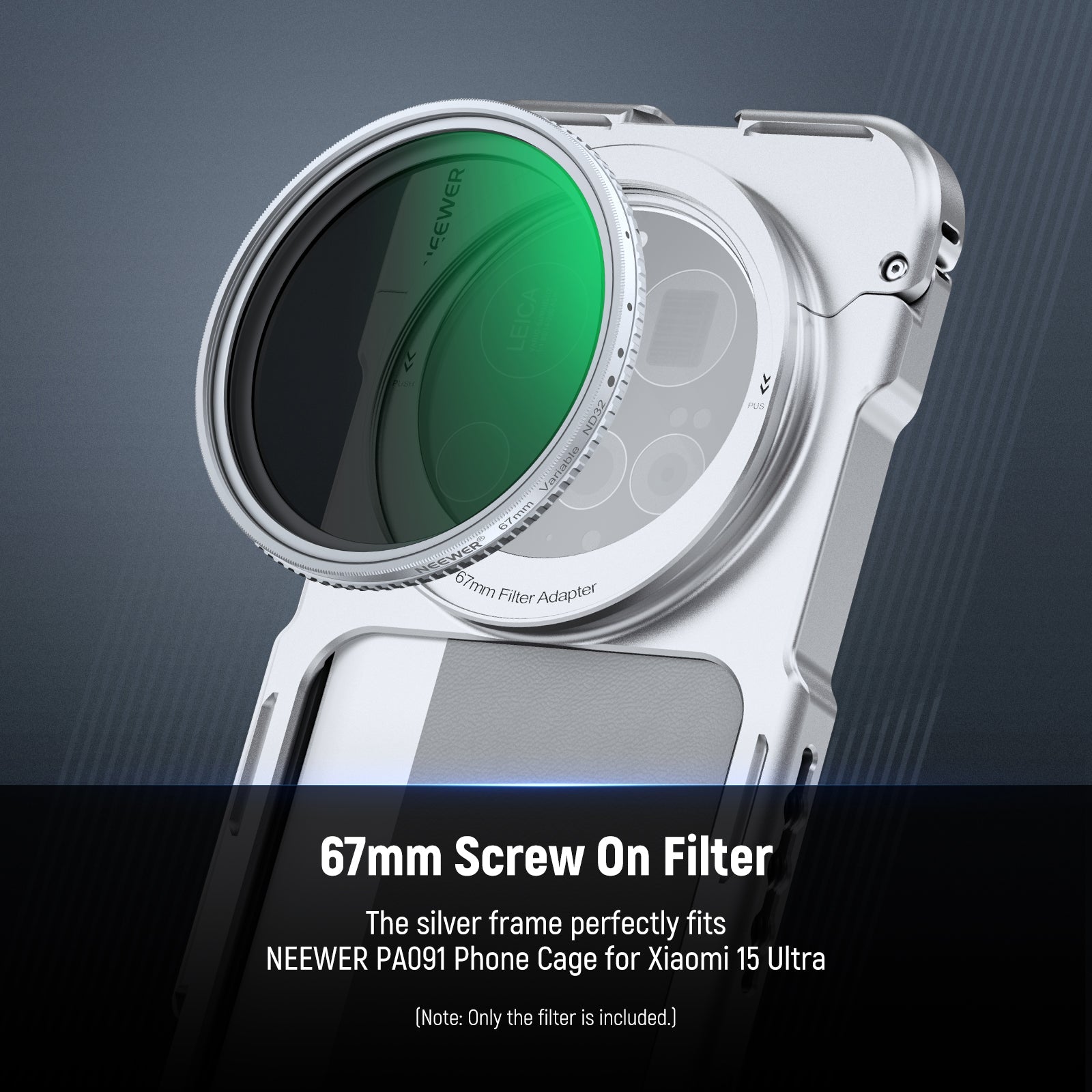This NEEWER 67mm Variable ND2-32 Filter features a silver frame.