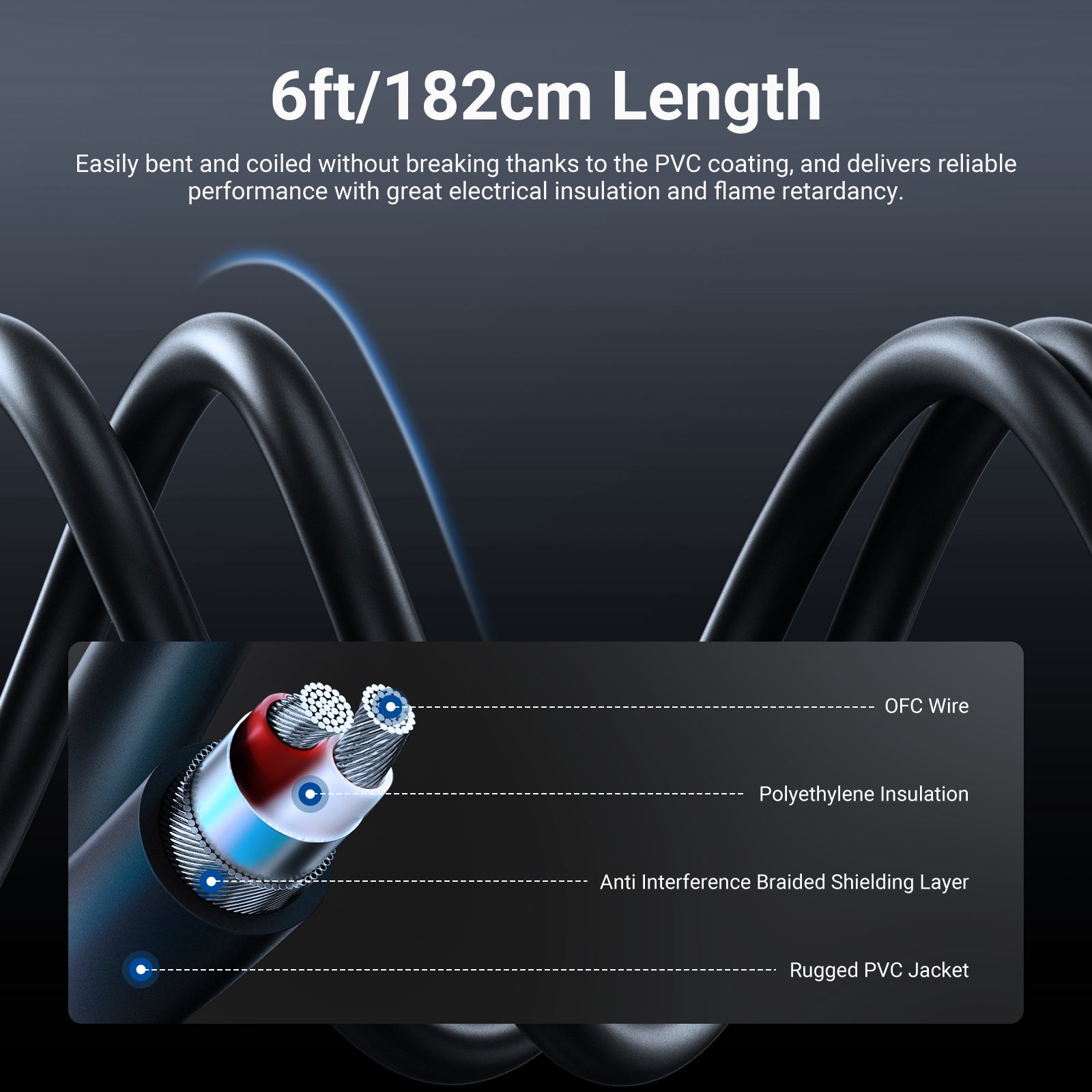 At 6 ft (192 cm), the unbalanced male XLR to 3.5mm cable features a soft PVC jacket