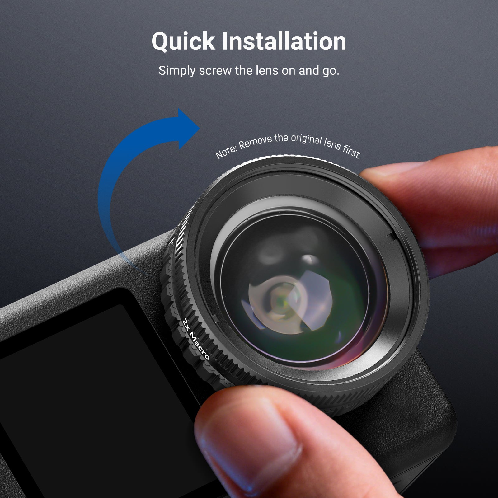 2X Macro Lens being screwed onto compact camera after removing original front lens as installation instruction noted