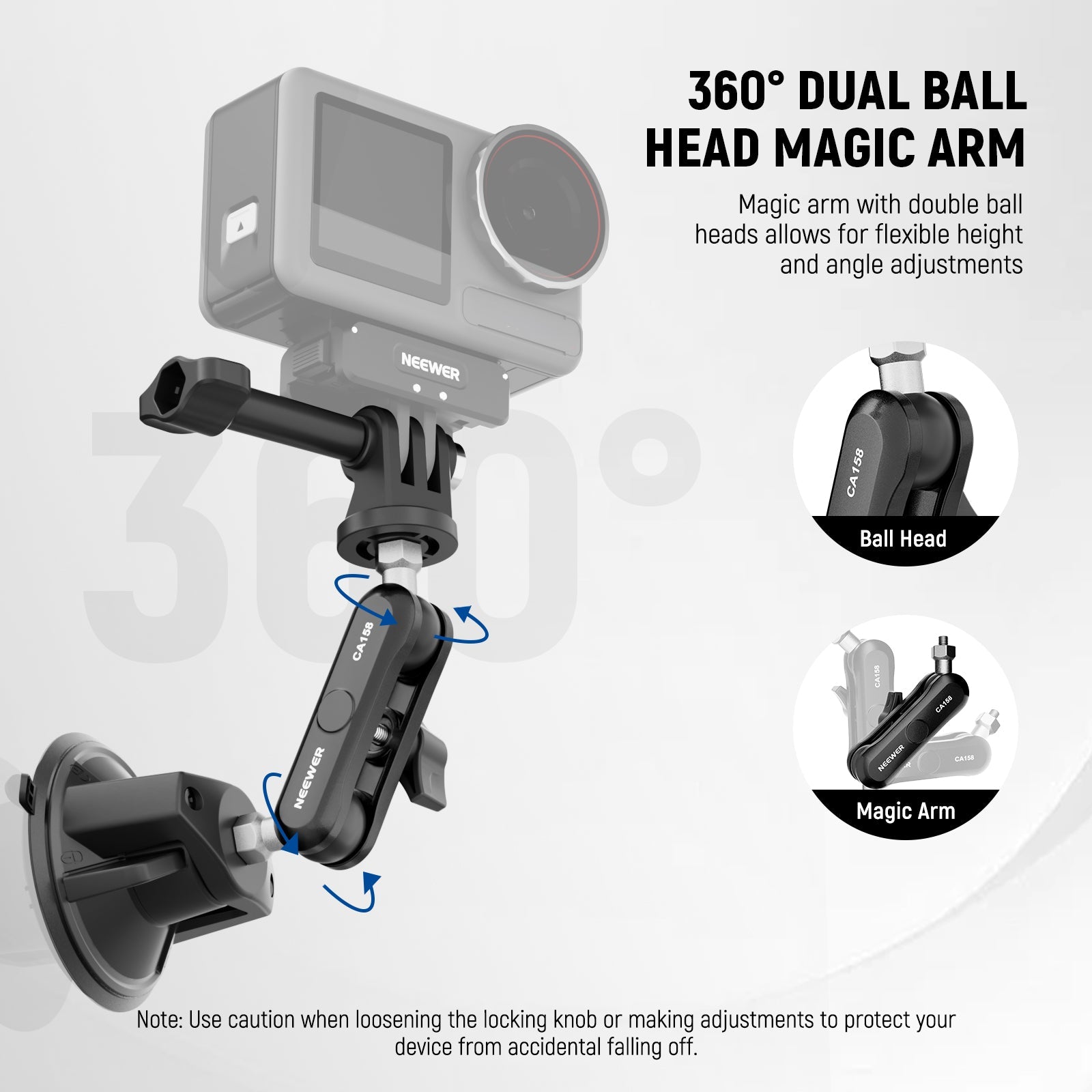 The magic arm with double ball heads allows for flexible height and angle adjustments.