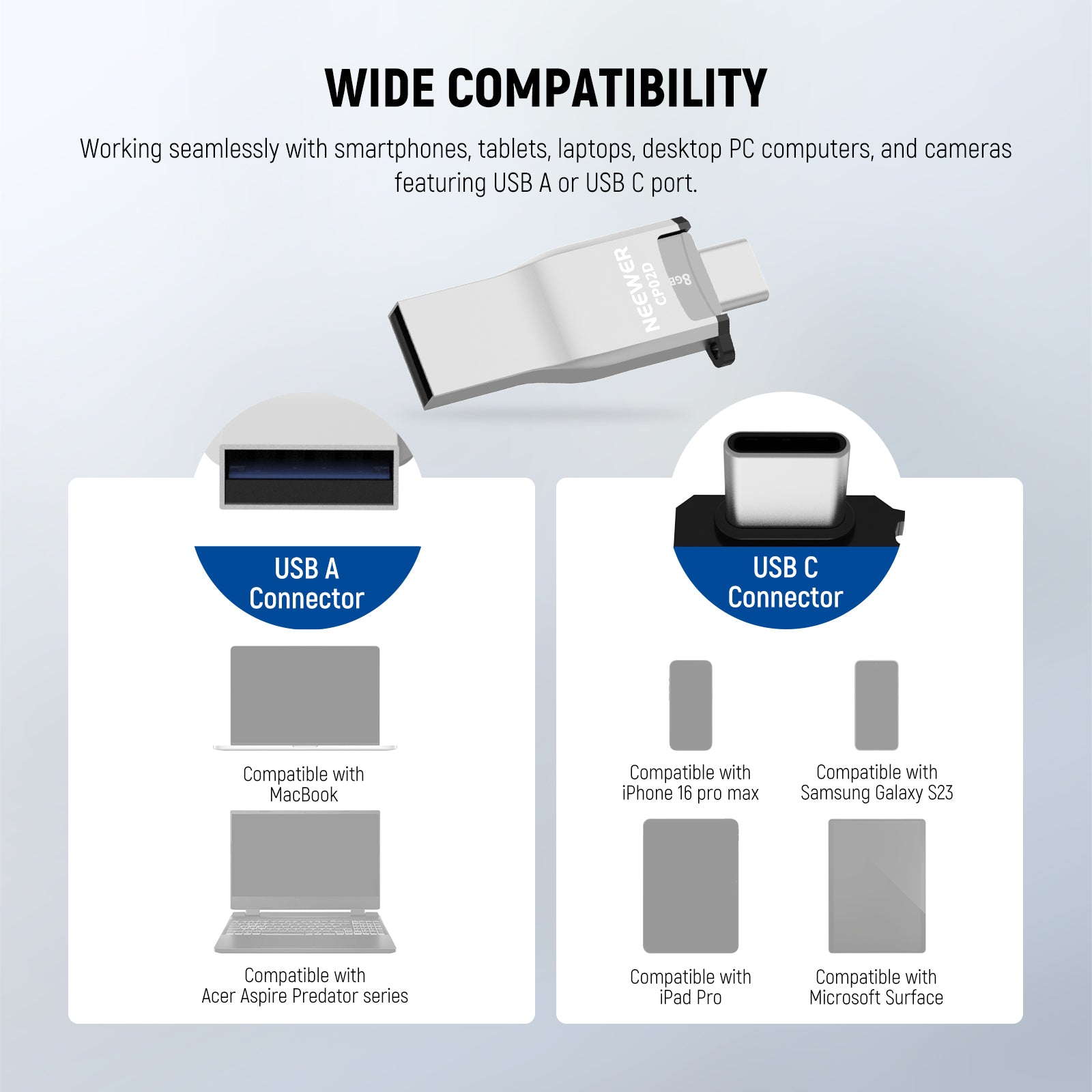 The NEEWER Micro SD reader can work seamlessly with smartphones, tablets, laptops, desktop PC computers, and cameras featuring USB A or USB C port