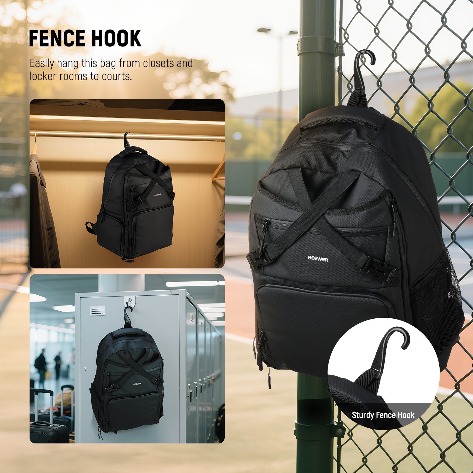 Easily hang this bag from closets and locker rooms to courts.