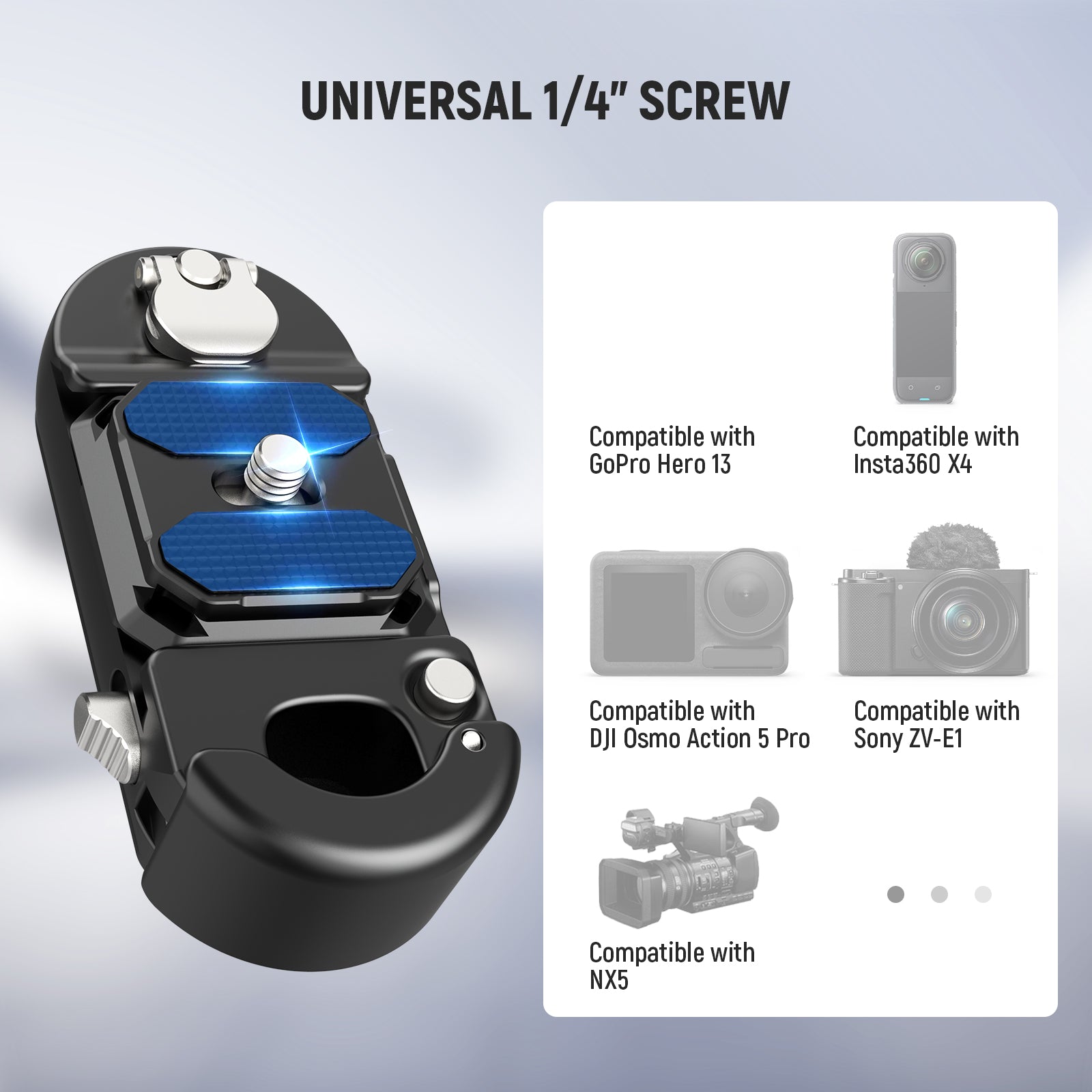 The top 1/4" mounting screw on this quick release clamp photography accessory is compatible with Canon Nikon Sony DSLR cameras.