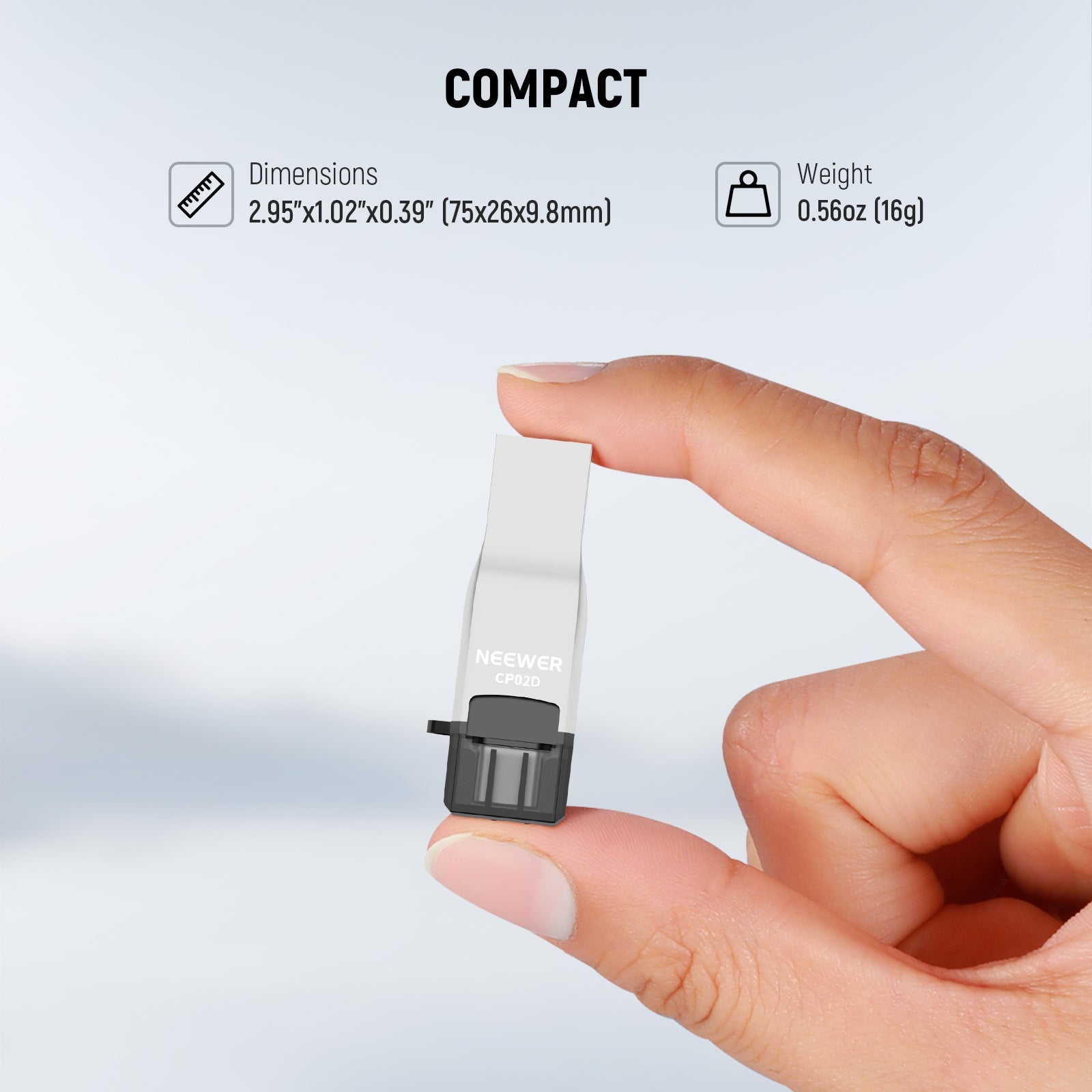 NEEWER CP02D TF Micro SD Card Reader measures 2.95"x1.02"x0.39" and weighs 0.56oz.