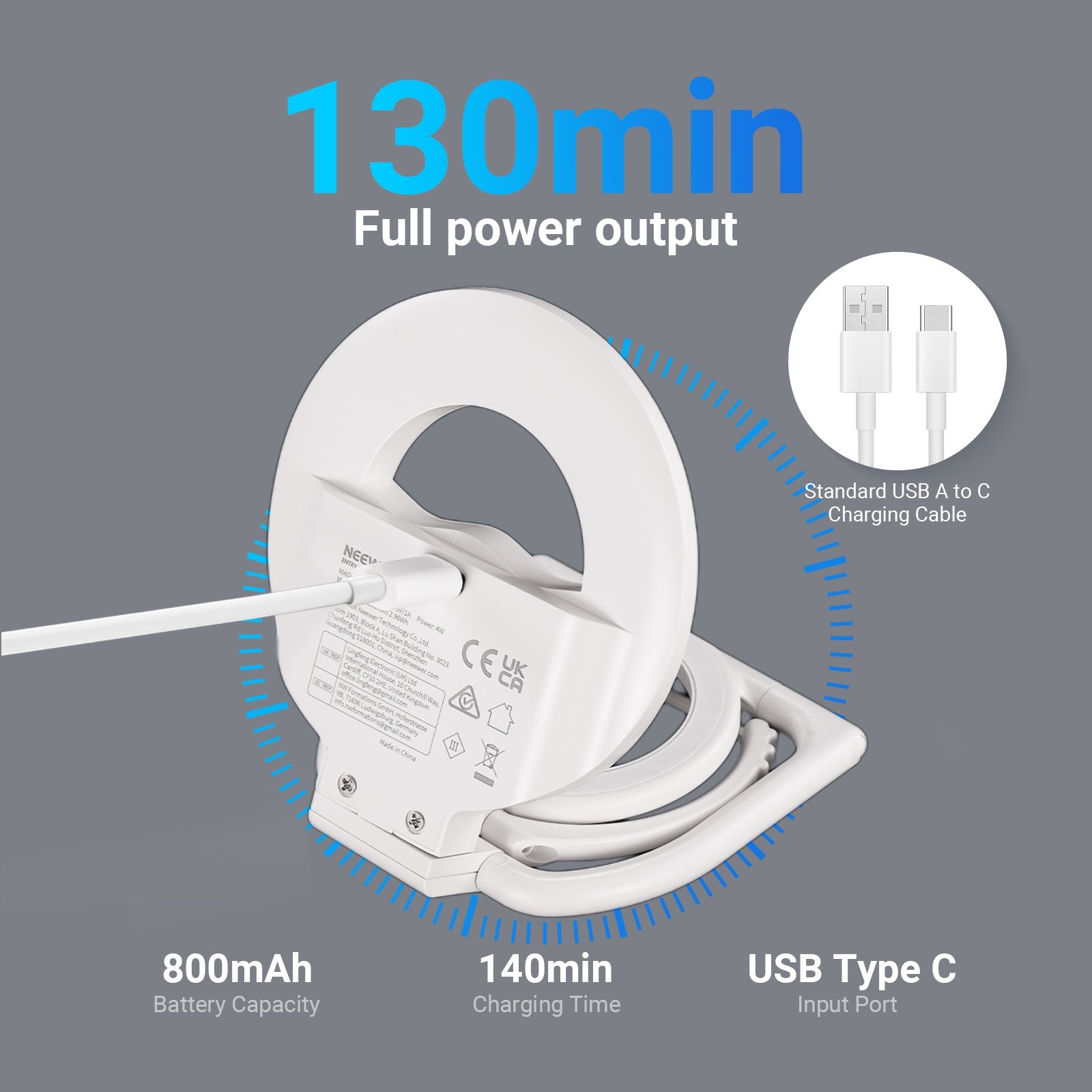 The mini ring light operates for up to 130min continuous lighting at 100% brightness.