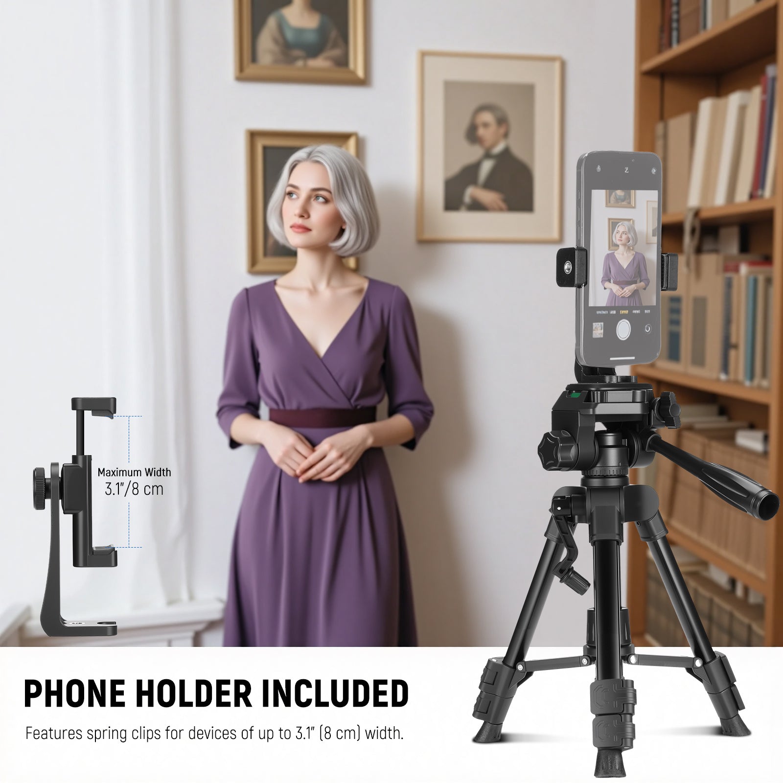 NEEWER TP52 Mini Desk Tripod includes a phone holder.
