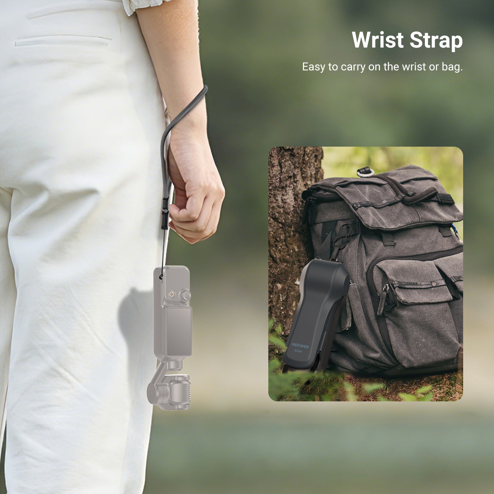 The wrist strap secures the handheld camera to prevent accidental drops during outdoor use.