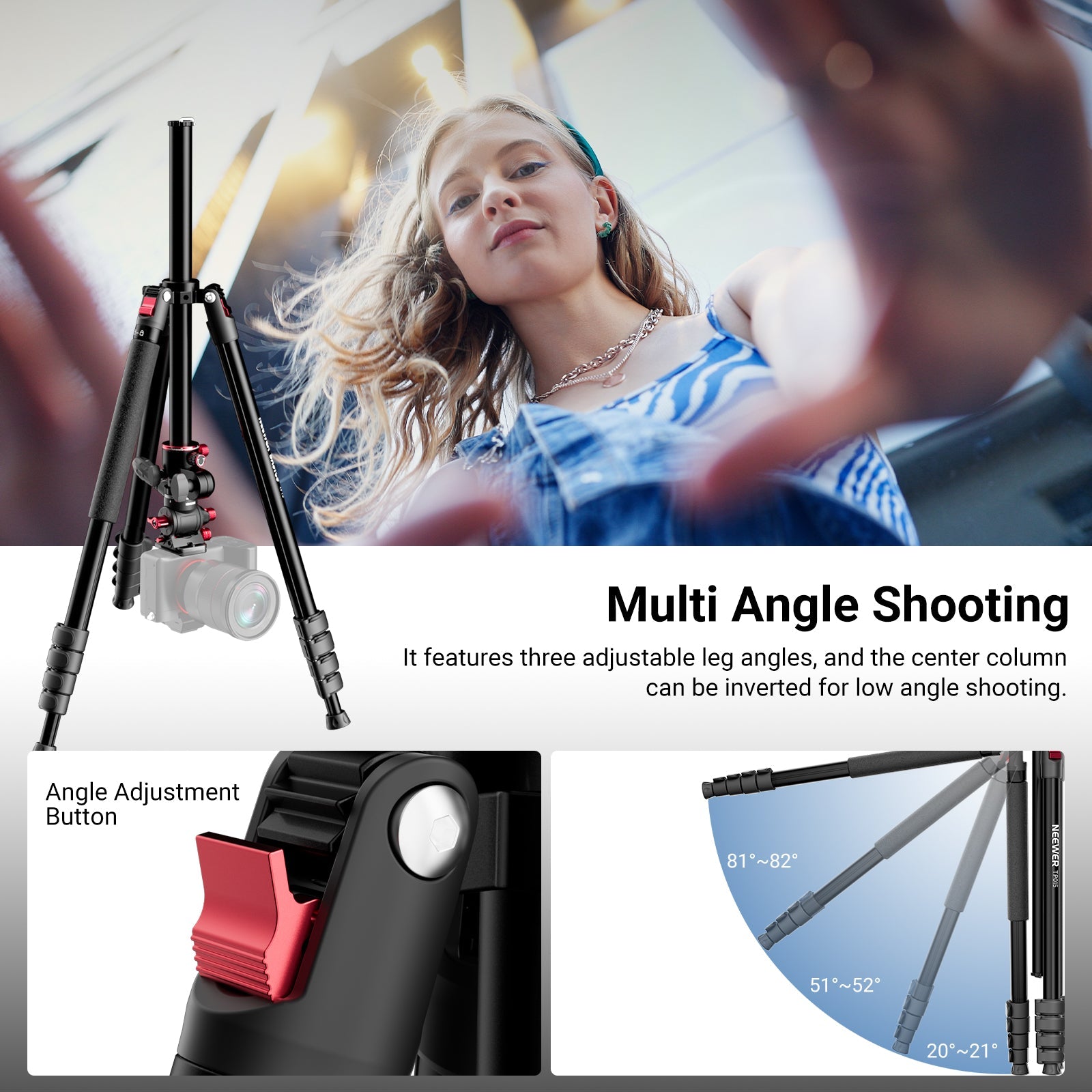 NEEWER TP015 Overhead Camera Tripod features three adjustable leg angles, and the center column can be inverted for low angle shooting.