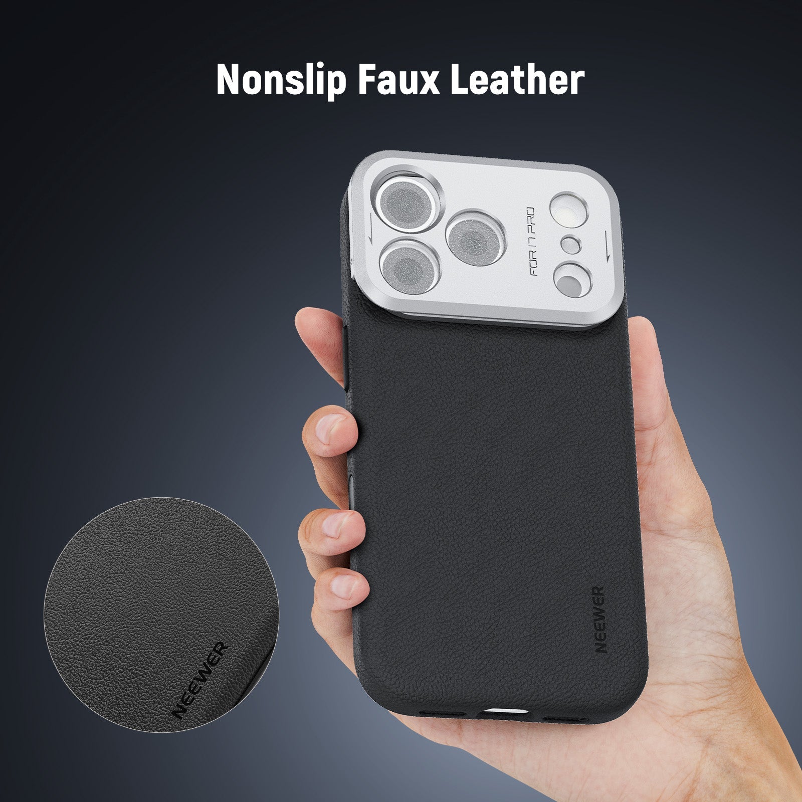 NEEWER PA133 Phone Case for iPhone 17 Pro is made from nonslip faux leather.