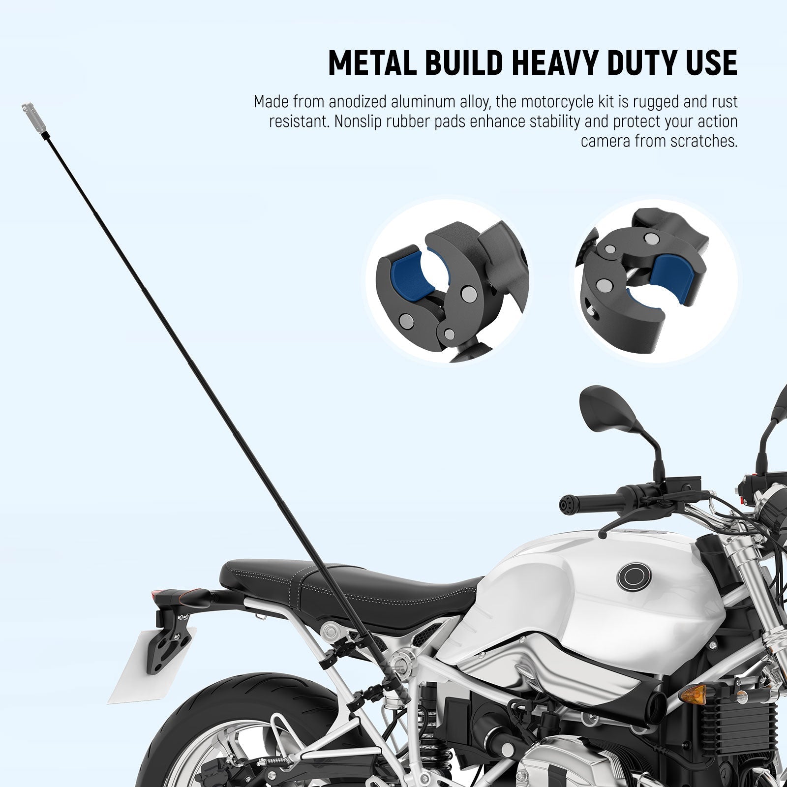 Made from anodized aluminum alloy, the motorcycle kit is rugged and rust resistant.
