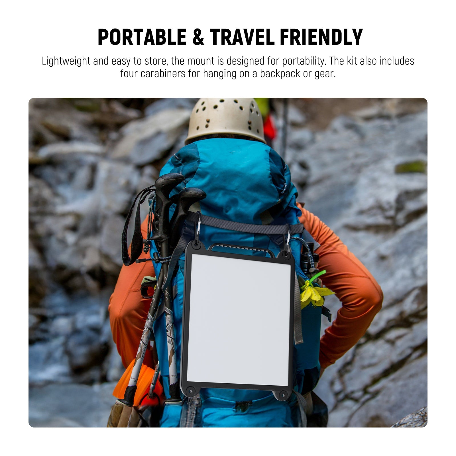 Back view of hiker with helmet carrying NEEWER ST91 2-in-1 Protective Case & Mount for Starlink Mini hung on blue hiking backpack for outdoor mountain satellite internet use