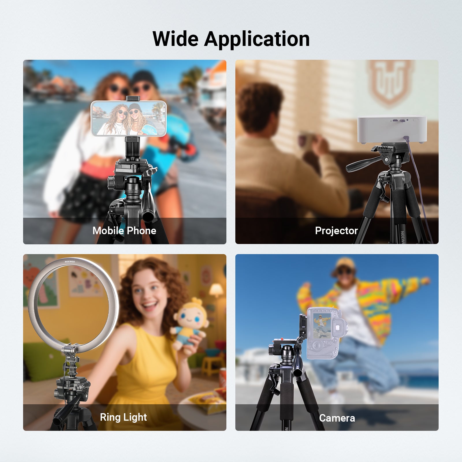 NEEWER TP56 Camera Tripod can be used to support phones, projectors, ring lights, and cameras.