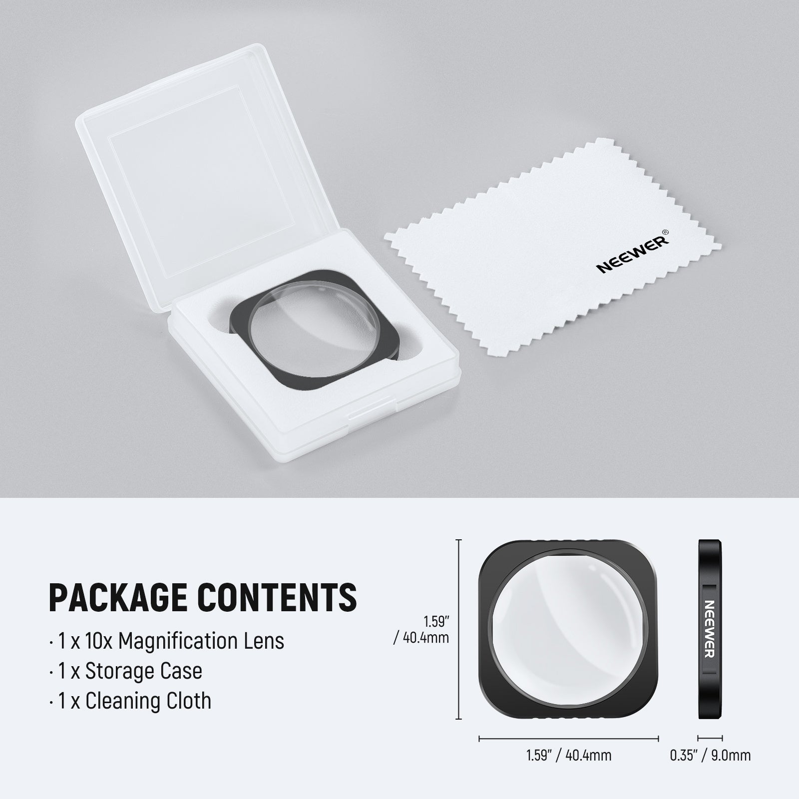 Package Contents of the NEEWER LS-C40 10X Macro Lens For Insta360 Ace Pro/Ace Pro 2 Kit