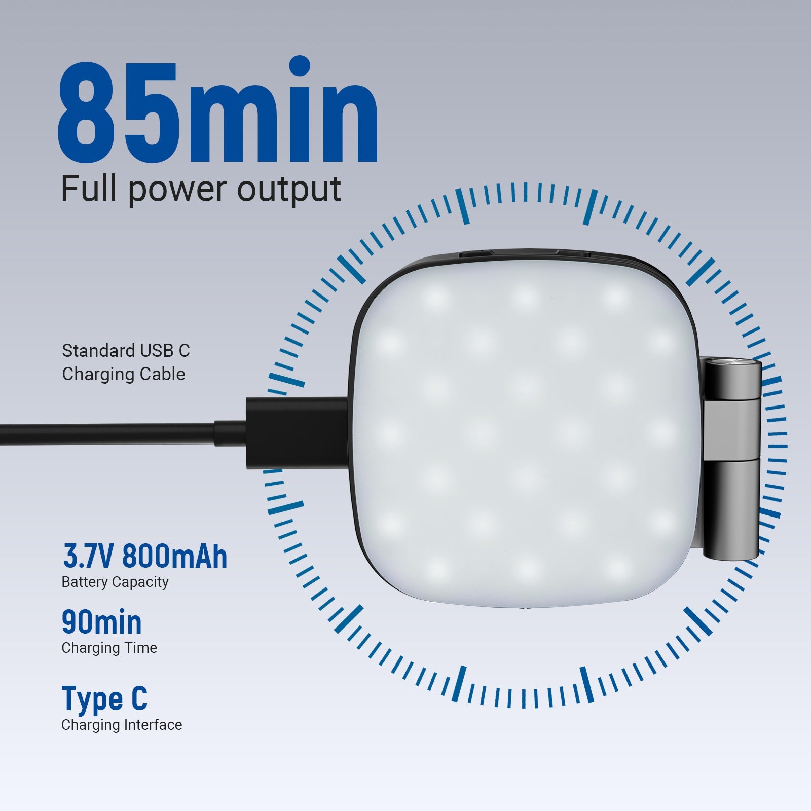 The 800mAh battery ensures up to 85min continuous lighting at 100% brightness.