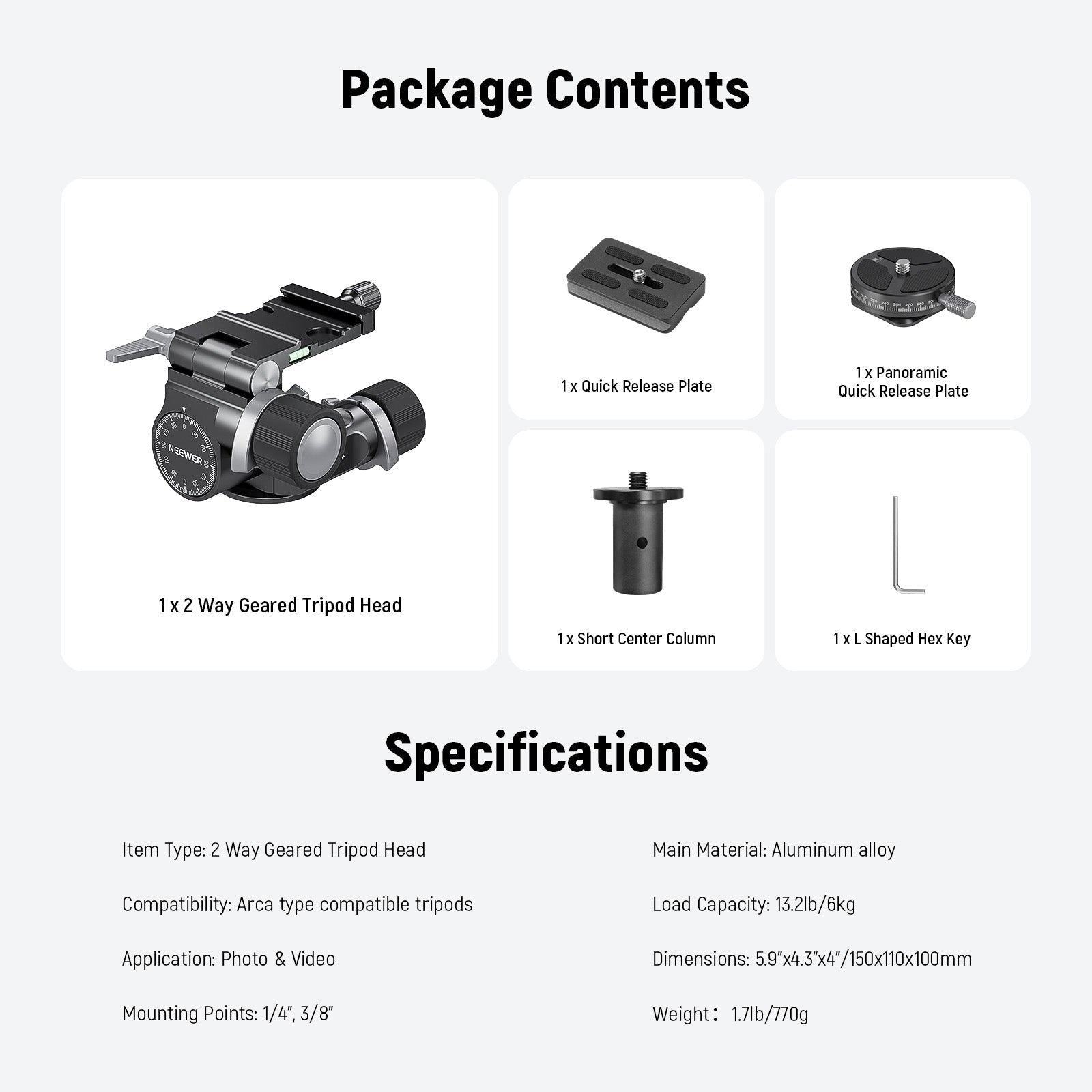 Package Contents of the NEEWER TH14 2 Way Geared Tripod Head Kit