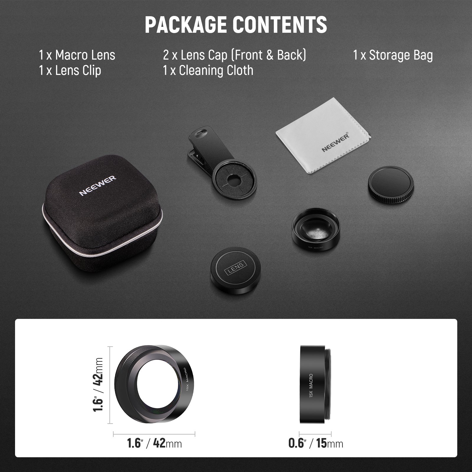 Package Contents of the NEEWER BASICS LS-69 15x Macro Phone Lens Kit