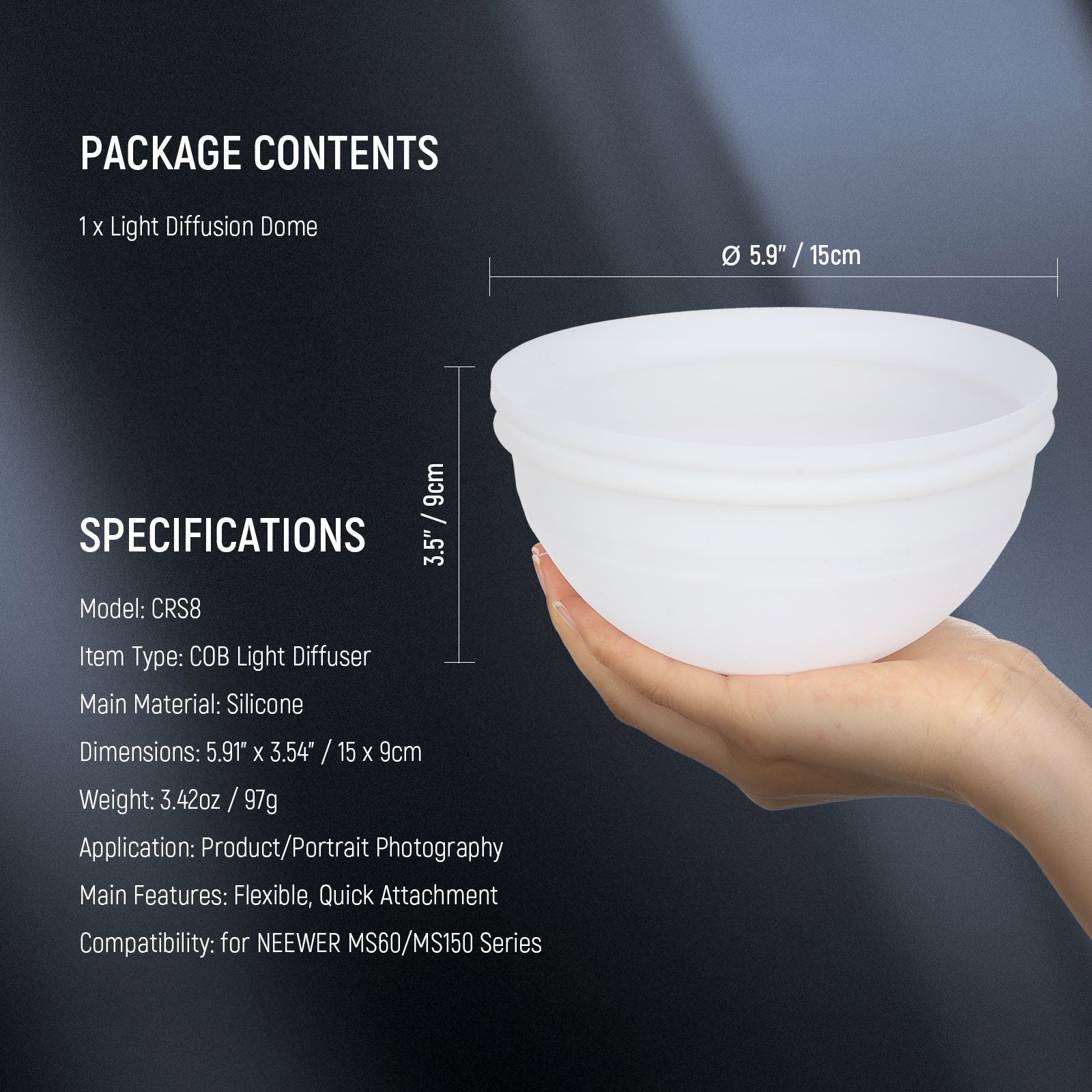 Specifications of the NEEWER CRS8 Light Diffuser Dome