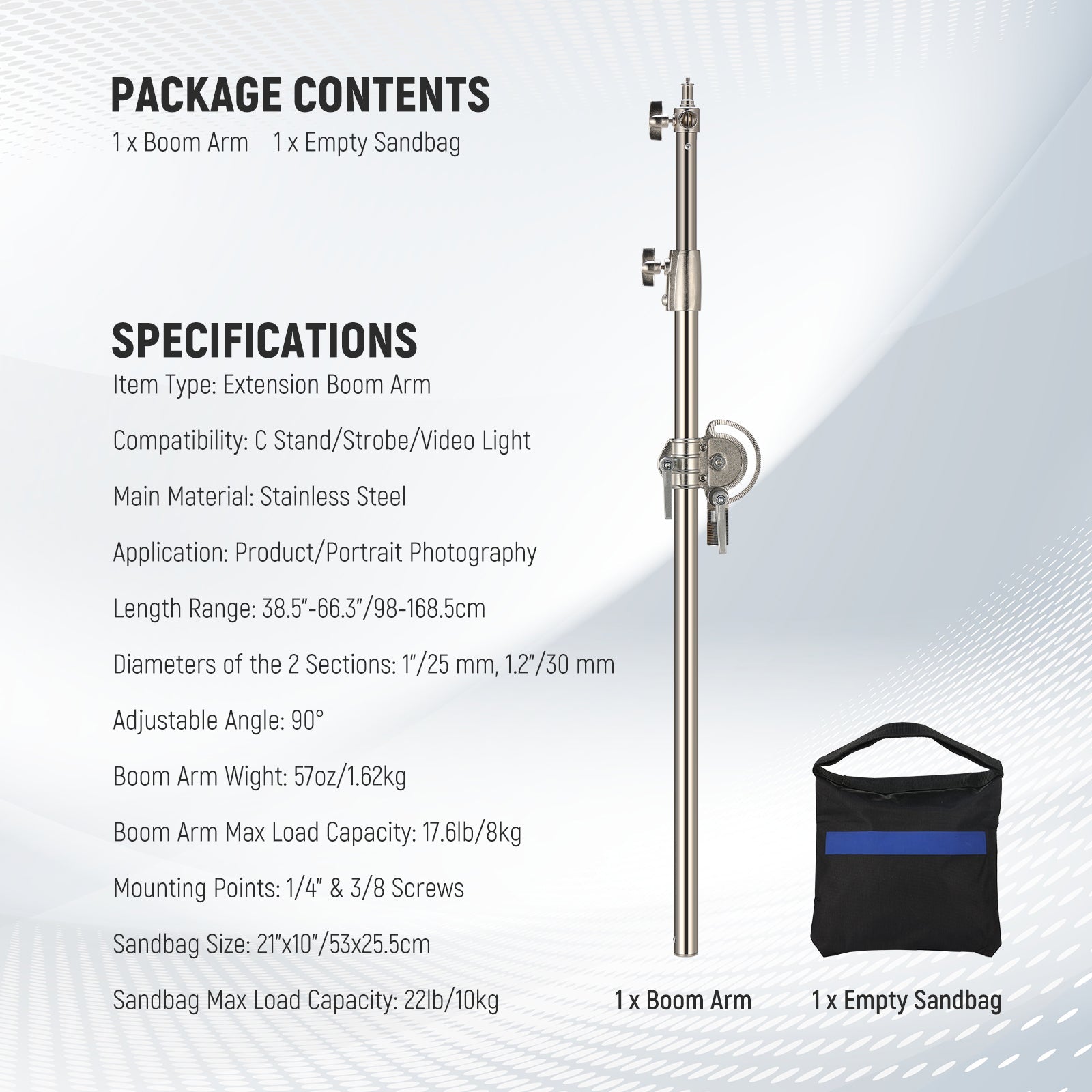 Specifications of the NEEWER DS021 Stainless Steel Adjustable Boom Arm