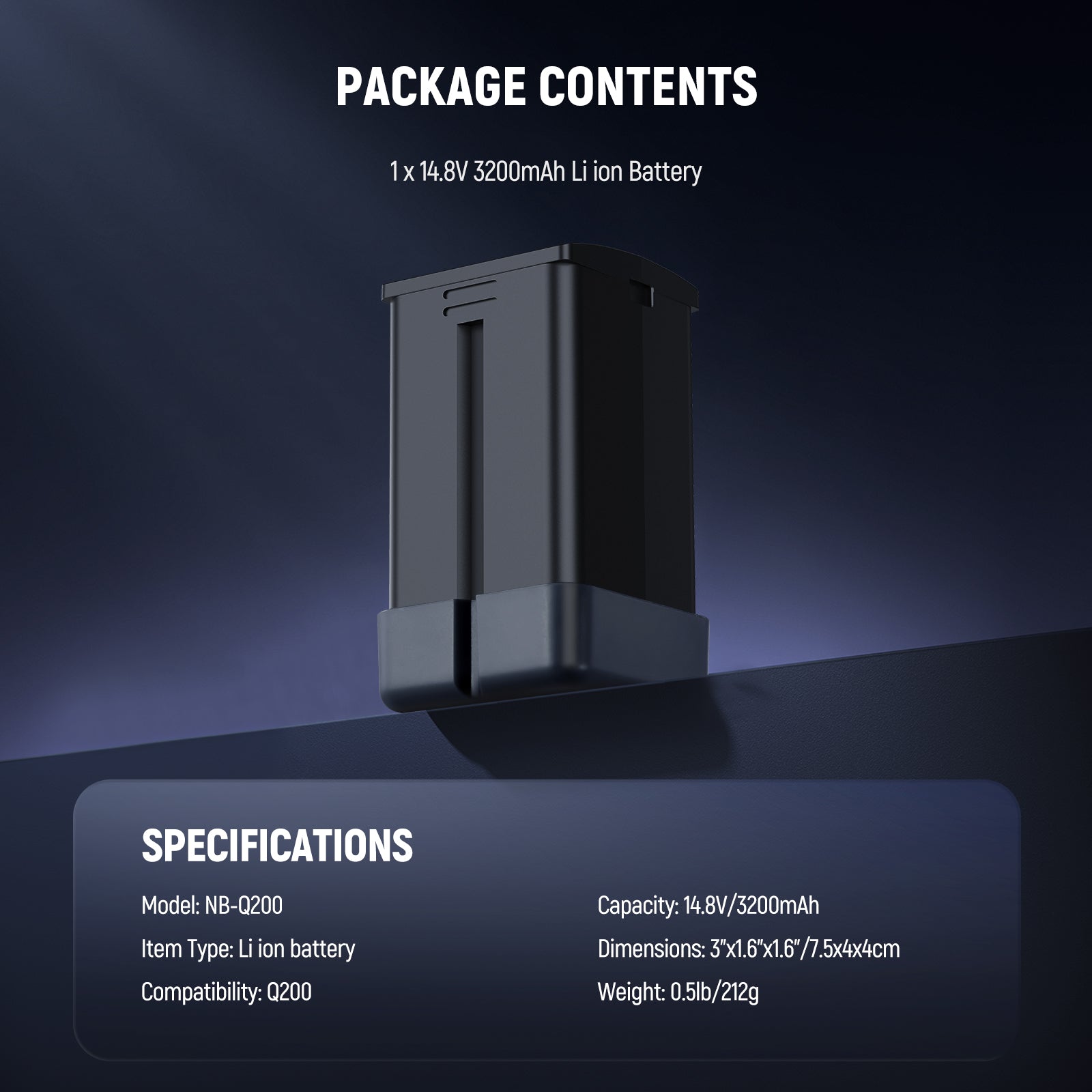 Package Contents of the NEEWER NB-Q200 Rechargeable Lithium Battery for Q200