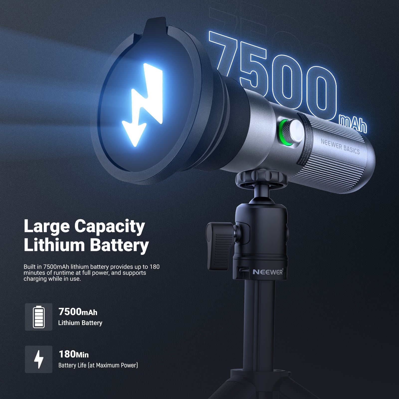 The portable, focusable LED light for films offers up to 180min continuous output lighting at full power.