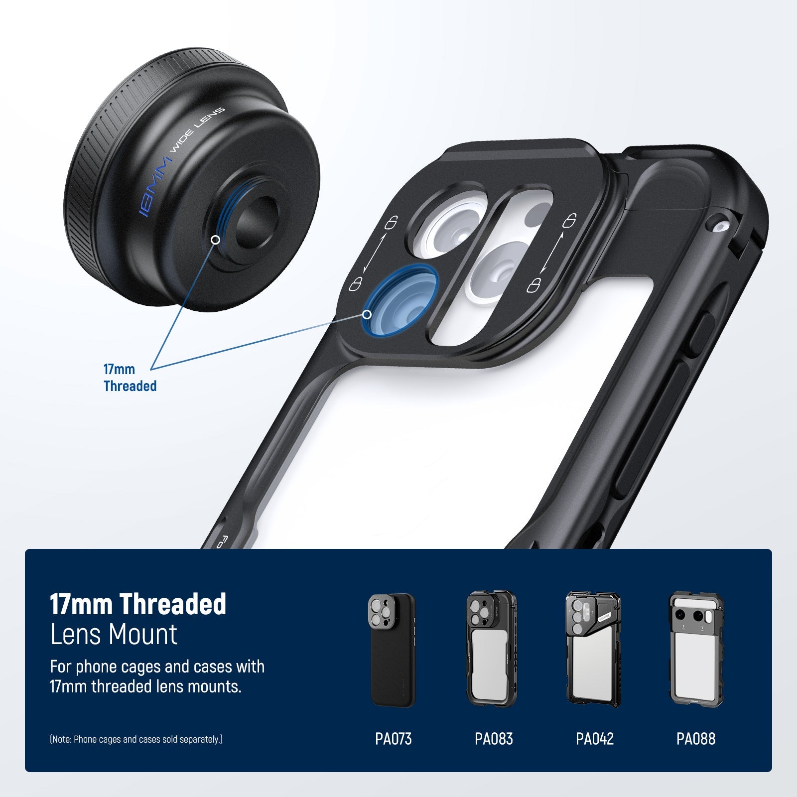 Attach the phone lens clip to the main camera and mount the lens via the 17mm thread.