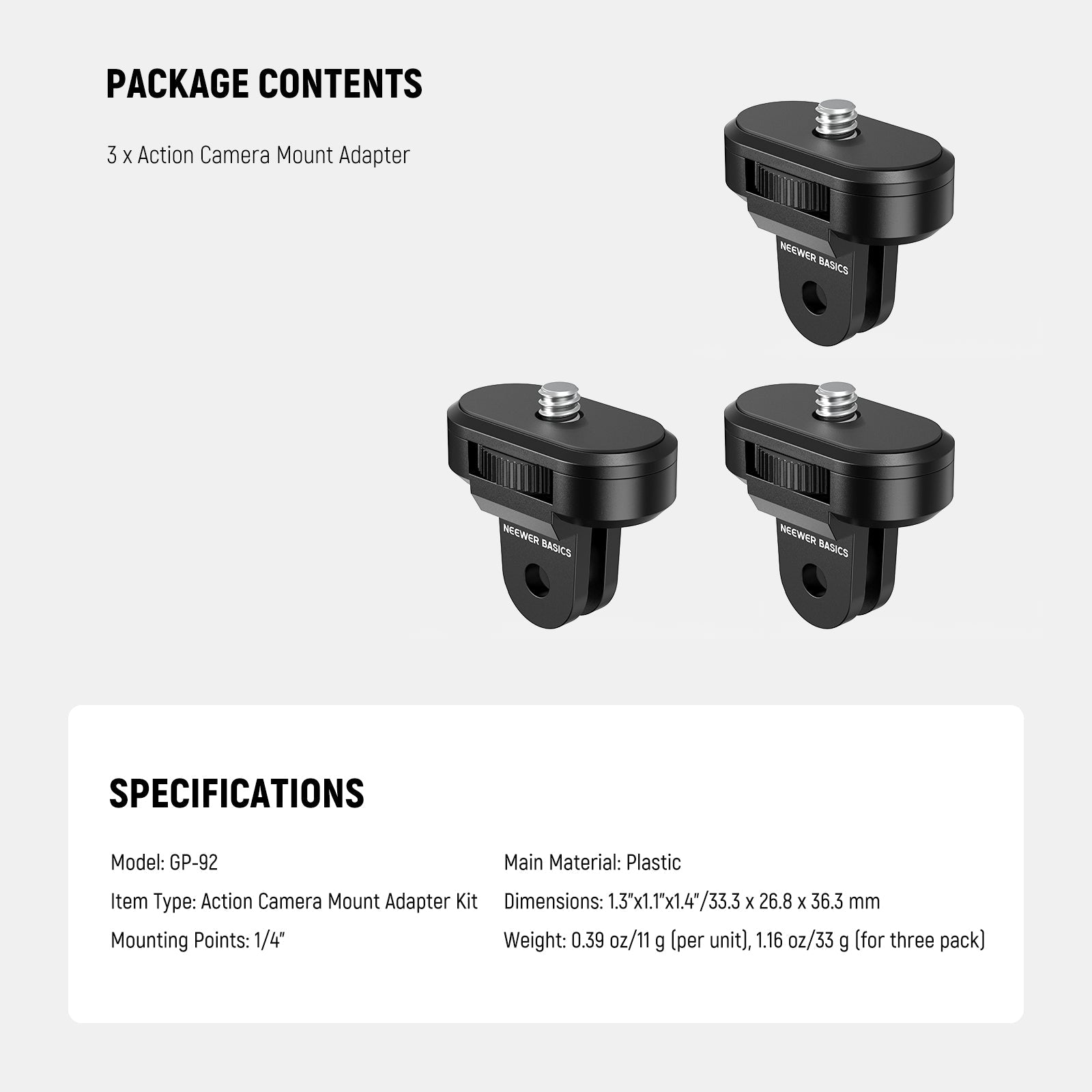 Specifications of the NEEWER GP-92 Action Camera Mount Adapter