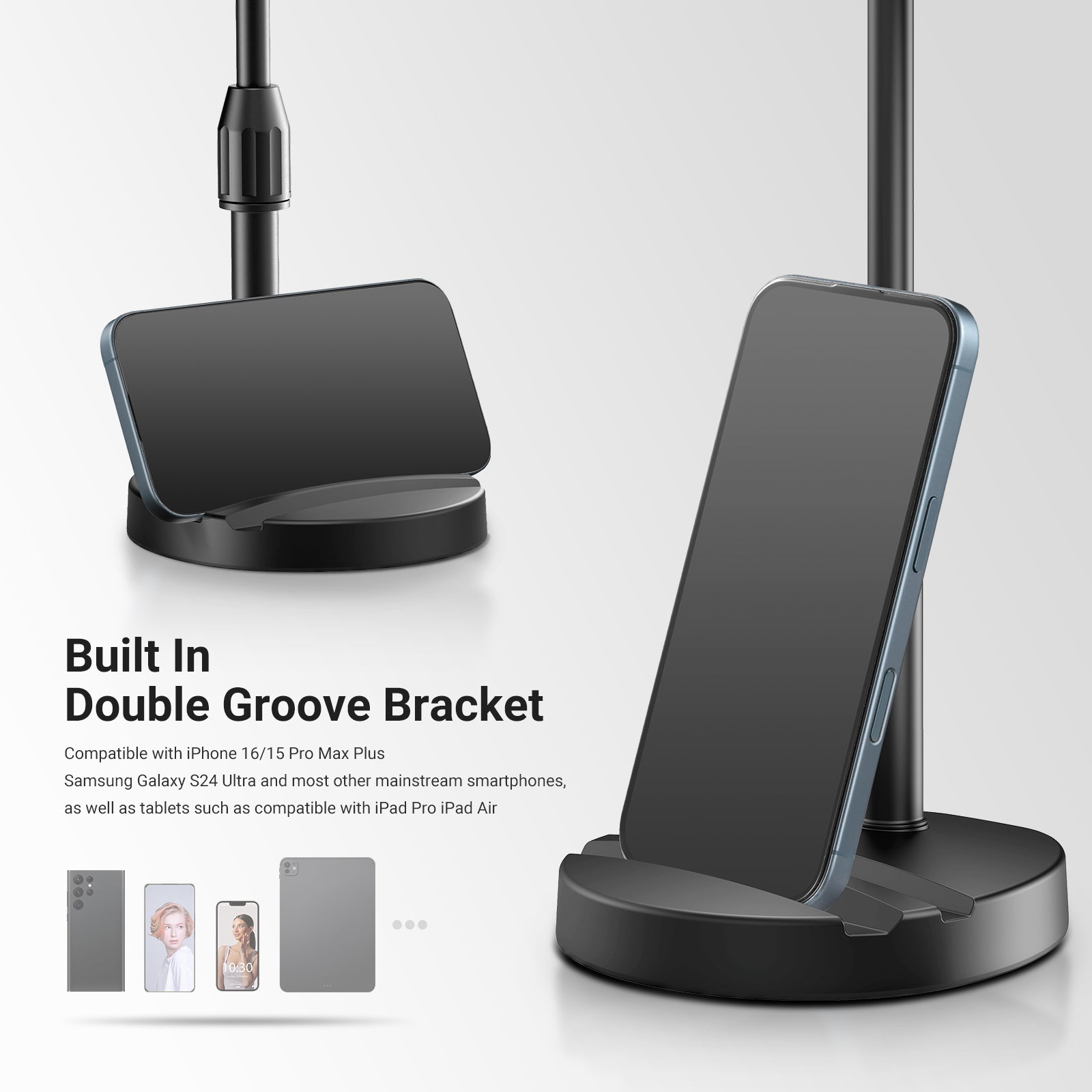 The base of the overhead ringlight stand features two grooves